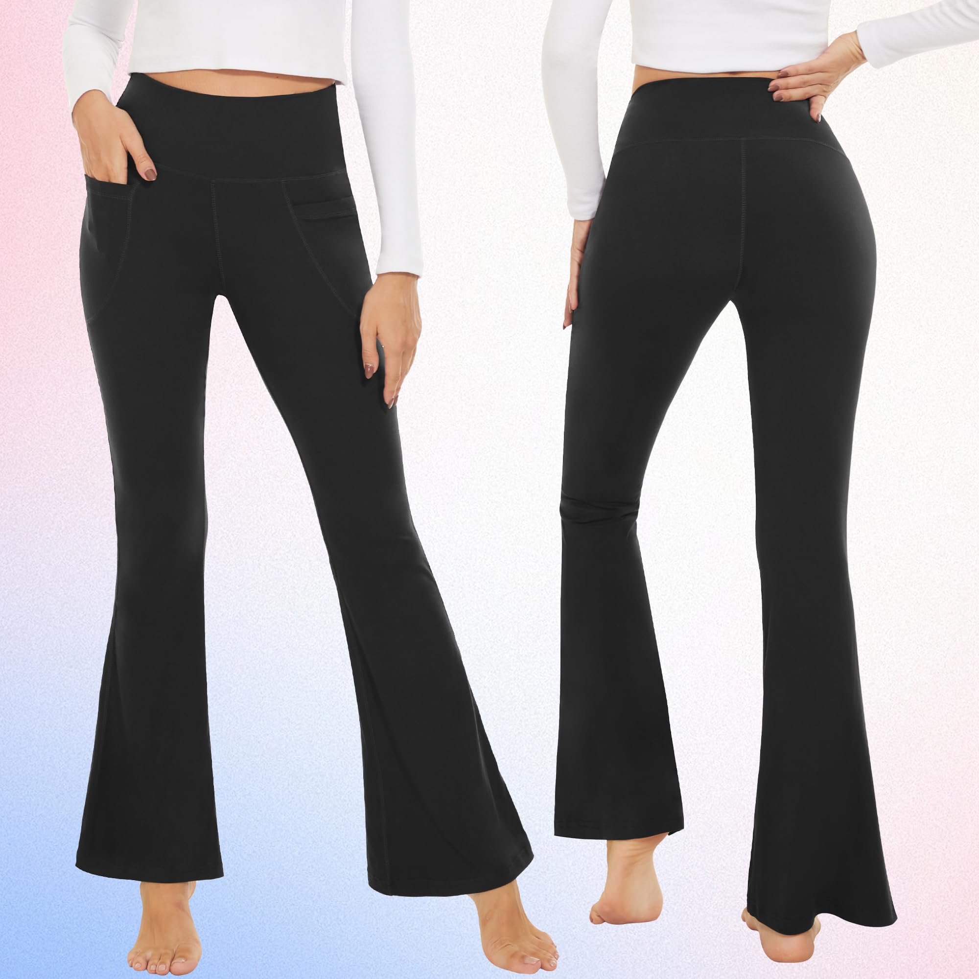 HIPOWER Pantalon de yoga pour femme avec poches, taille haute, large, opaque, coupe bootcut, legging évasé, business