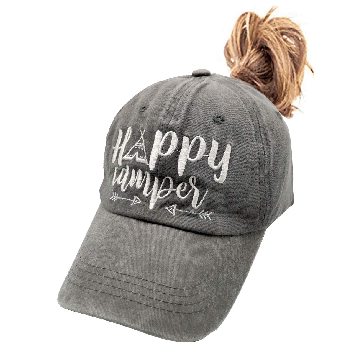 LOKIDVE Women's Happy Camper Ponytail Hat Messy High Bun Distressed Baseball Cap