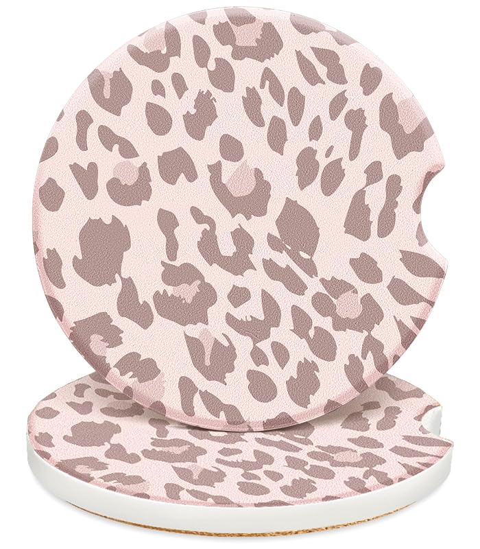 Porta-Copos Automotivo de Cerâmica Swooflia com Base de Cortiça Estampa Pink Leopard, 2 Peças