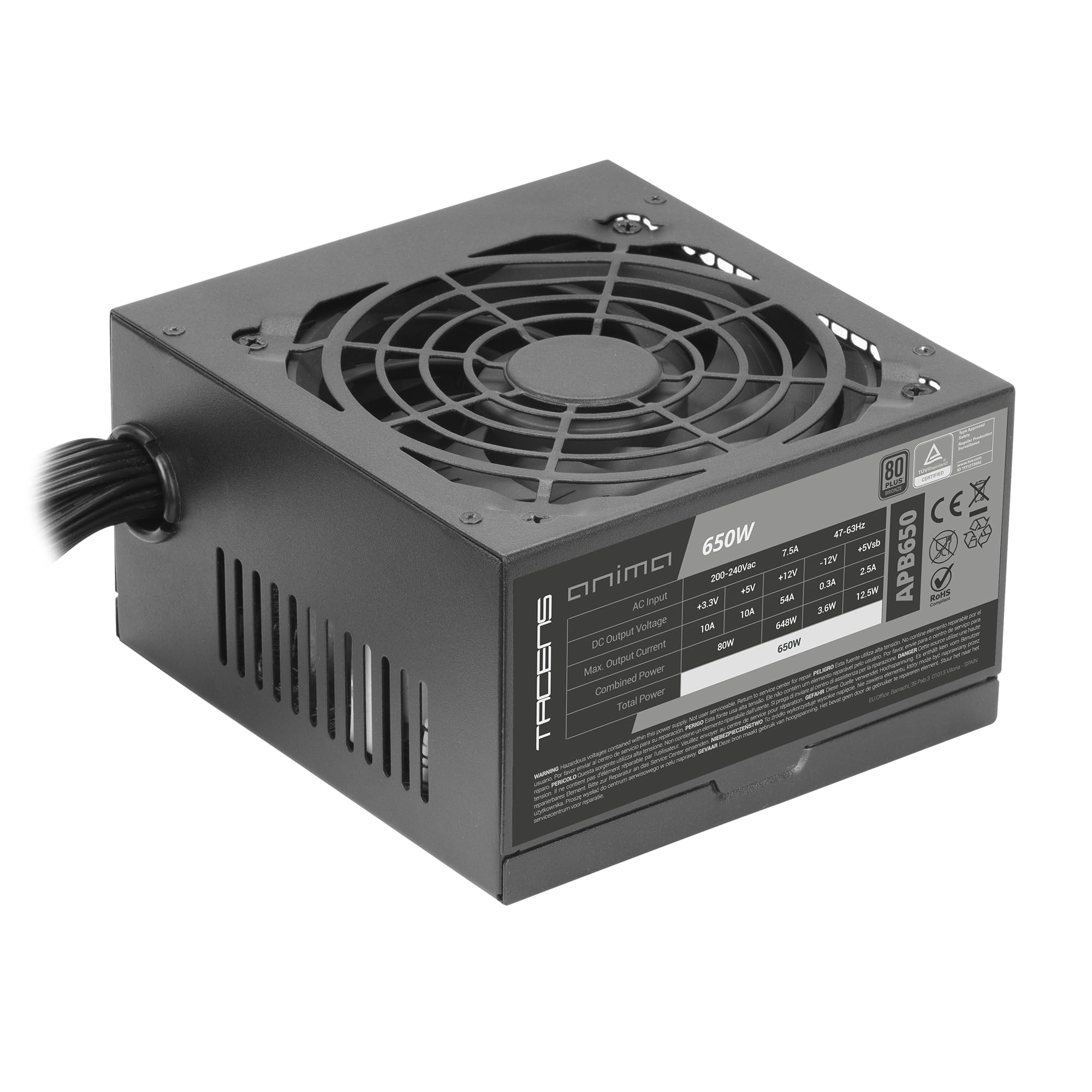 Tacens Anima APB650, PC ATX Power Supply 650W, 80Plus Bronze Certified, 85% Efficiency, SMD and DC-DC Technology, Ultra Quiet 120mm Fan, Extra Long Flat Cables, Black