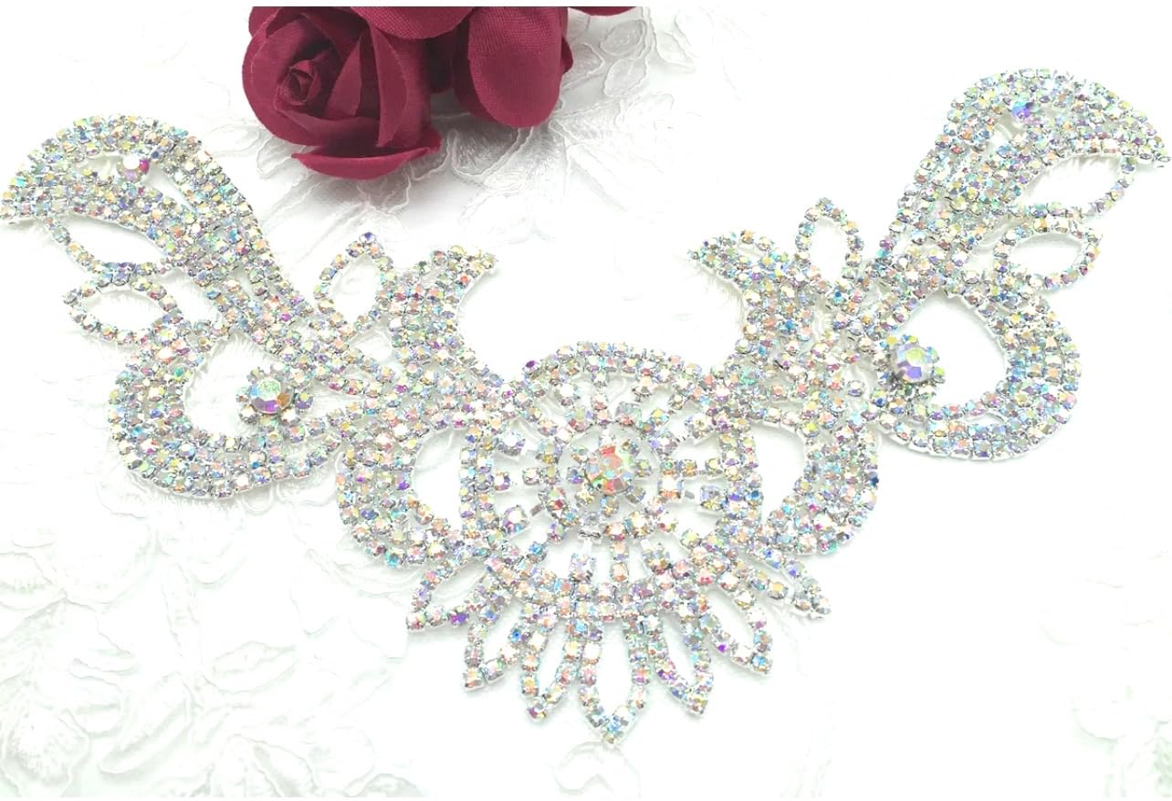 MNJ-TRIMMINGS Bridal Diamante Sash Patch, for Wdding Dresses, Decorating Party Dresses Diamante Motif Crystal Rhineston Applique (Silver Ab)