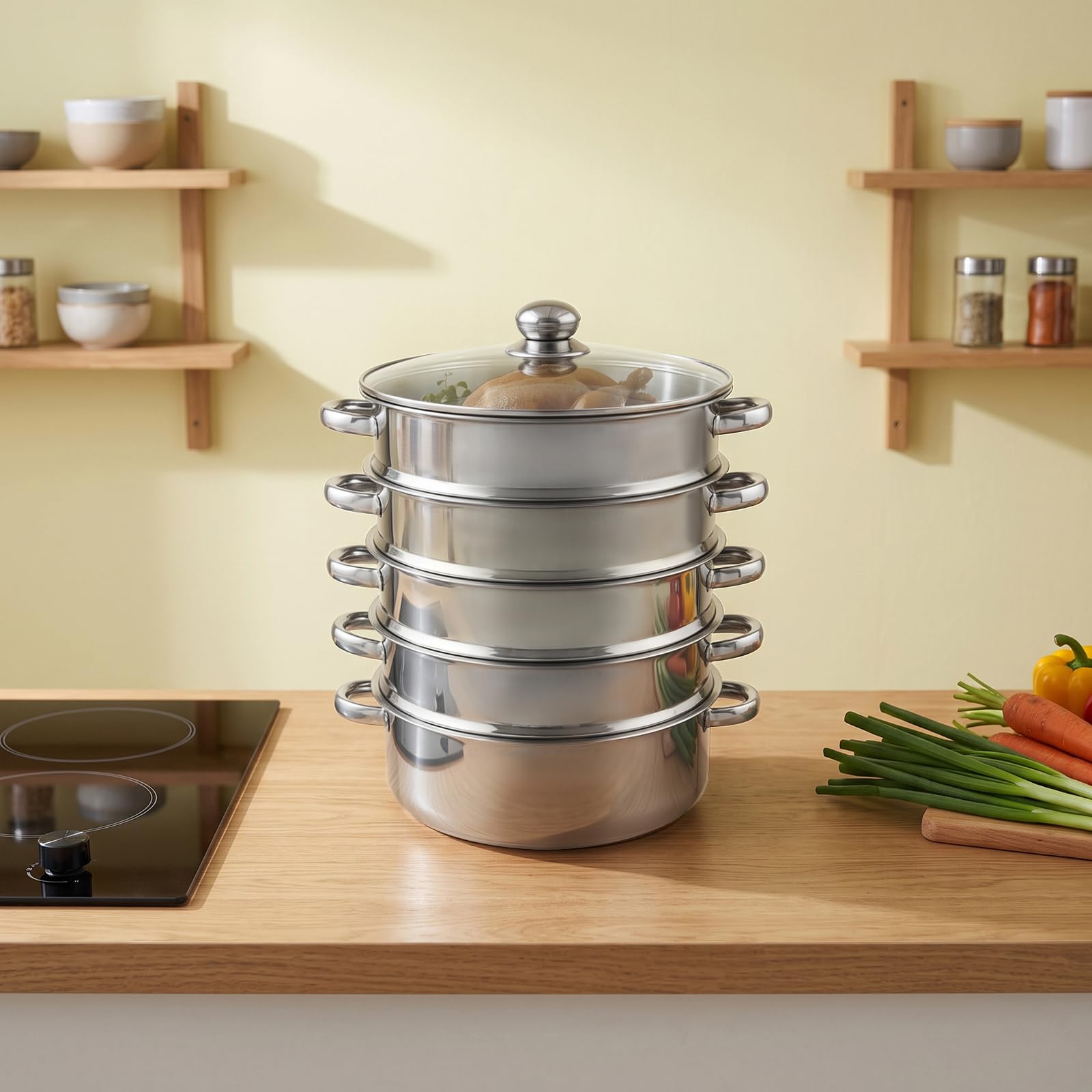 Vaporera de acero inoxidable, 28 cm, 5 pisos, para cocina, con tapa