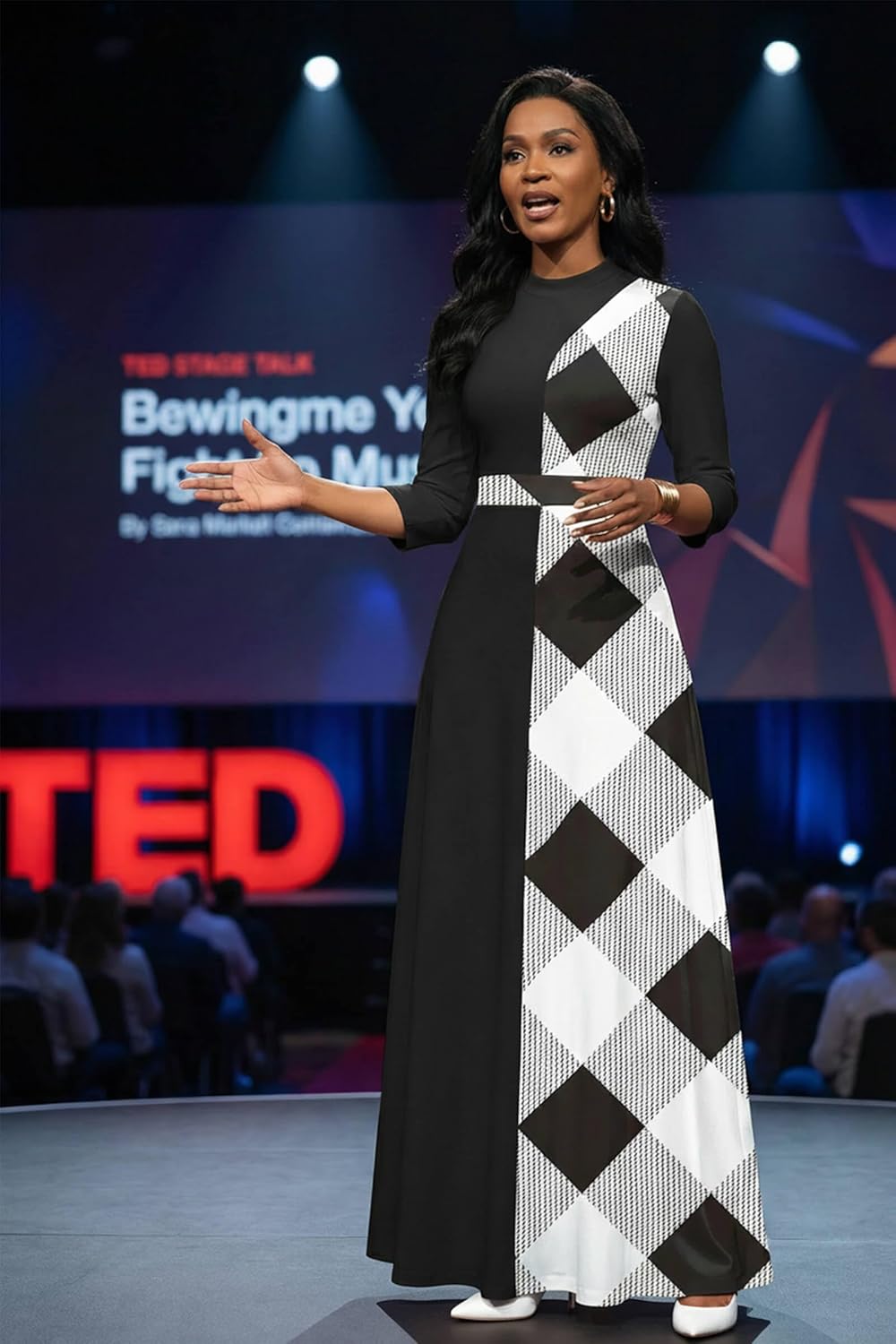 FANDEE Maxi Dresses for Women Semi Formal A-Line 3/4 Sleeve Mock Neck Elegant Dress Colorblock Church Cocktail Dress - Image 3