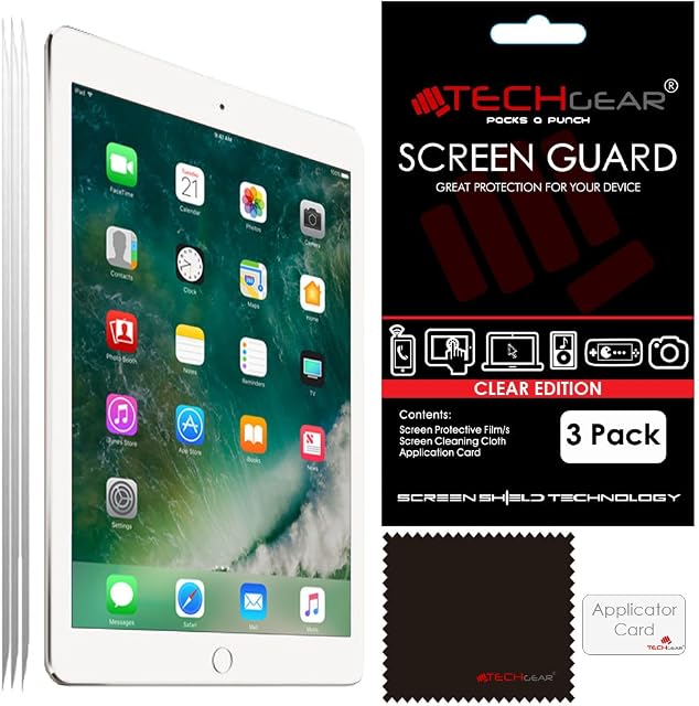 TECHGEAR [Pack of 3] Screen Protectors for iPad 9.7" (2018/2017) - Clear Screen Protector Guard Cover with Cloth & Applicator Card, Compatible with Apple iPad 6th Gen & 5th Gen