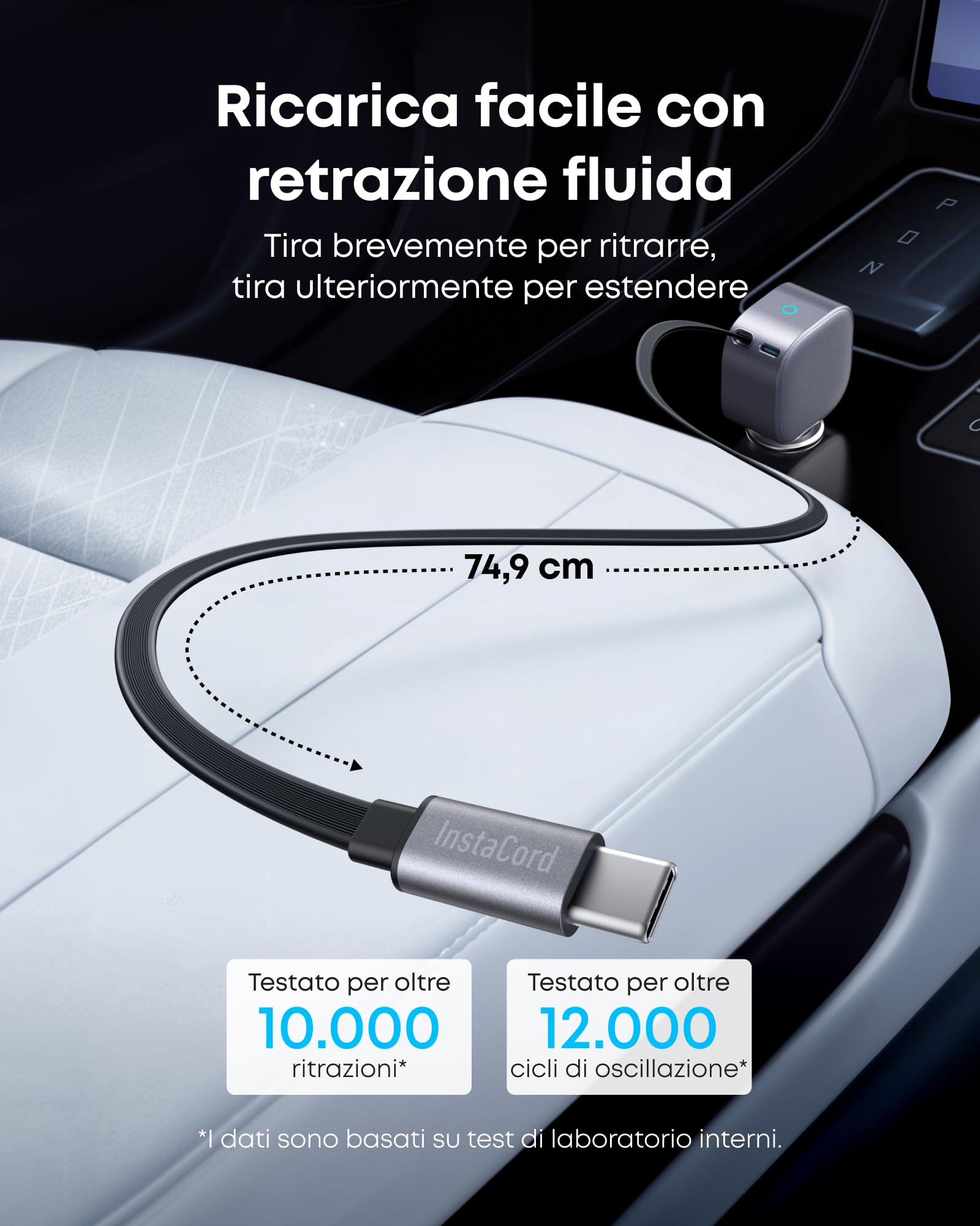 Anker Caricatore Auto USB C 75W Max, Ultra-Compatto Tipo-C Rapido per Auto con Cavo a Scomparsa Integrato, Adattatore per Auto per iPhone 16/15/14 Series, MacBook, iPad, Galaxy, AirPods e Altro