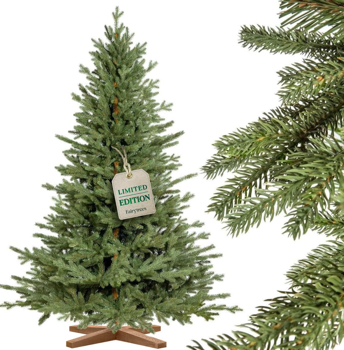 FAIRYTREES Albero di Natale artificiale 220cm Abete Bavarese Premium con supporto in legno | Prodotto in EU | Facile da Montare