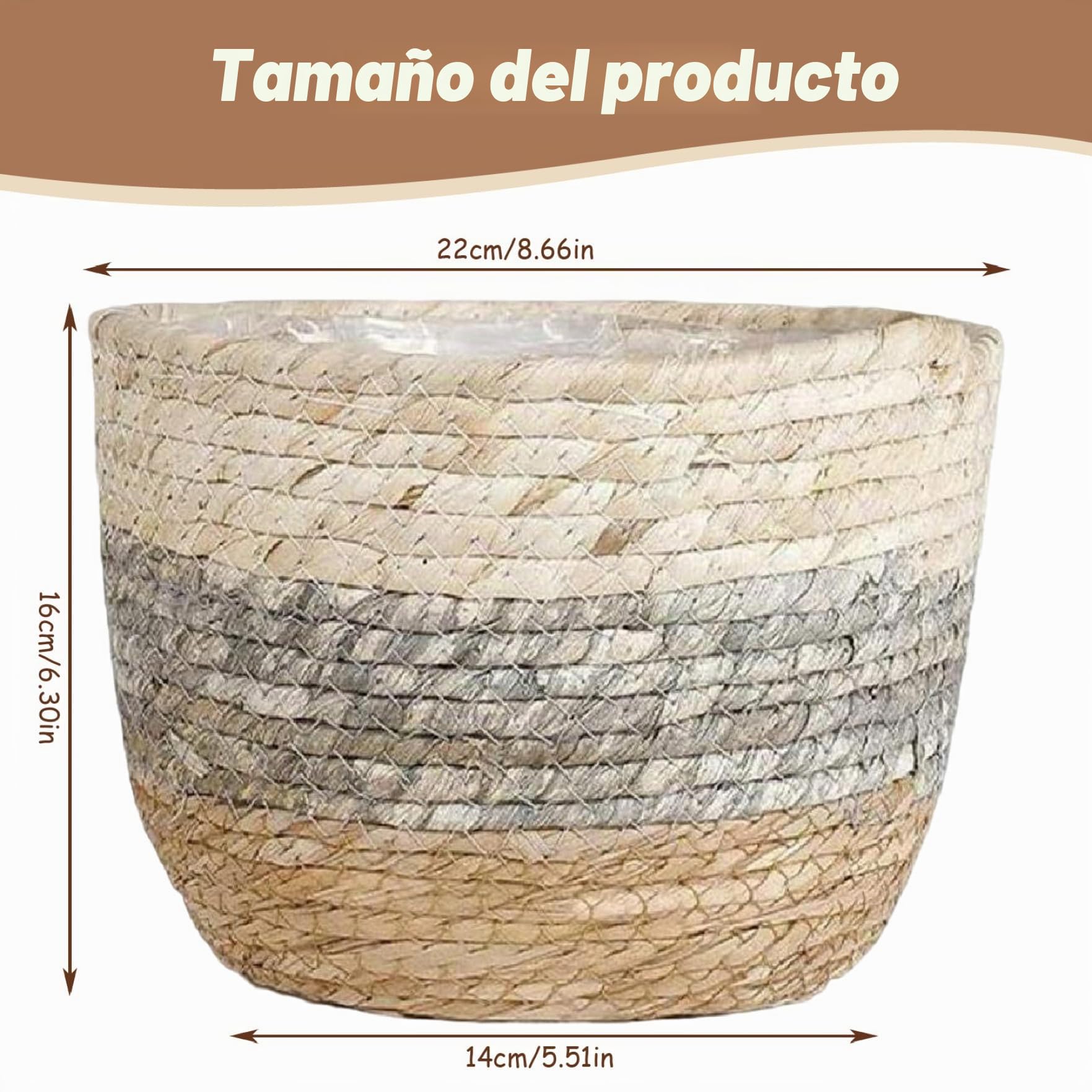 Cesta para macetero de Mimbre, Cesta Tejida para Plantas de 8, 7 Pulgadas con Forro Interior Impermeable, macetero Decorativo para Plantas, decoración Interior del hogar, Mimbre.