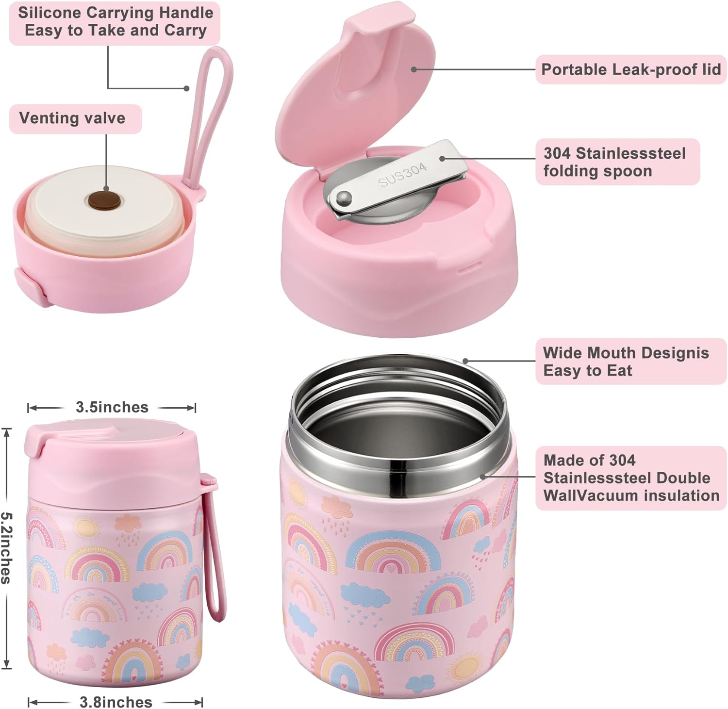 17oz Soup Thermo for Hot Food Kids,Insulated Food Jar with Spoon,Thermo Hot Food Lunch Container,Wide Mouth Leakproof Stainless Steel Lunch Box for School-Rainbow thumbnail