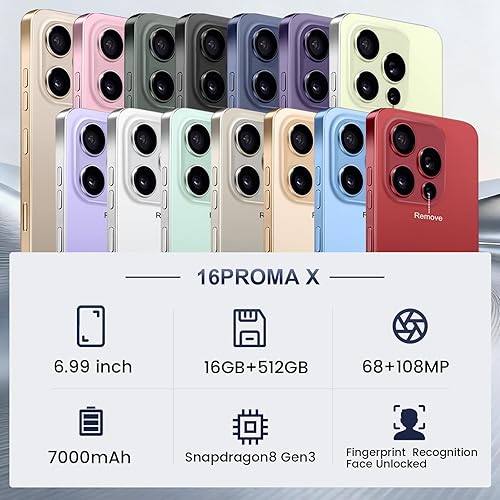 Miniatura 7 de Teléfono celular desbloqueado de 16 pm, pantalla HD de 6.99 pulgadas, teléfono 5G de 16+512 GB desbloqueado, Android 14.0, cámara de zoom de 68+108