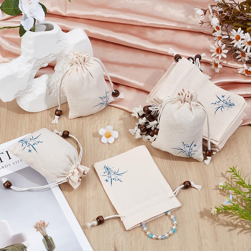 PH PandaHall 24pcs Linen Drawstring Pouches, 10x14cm Flower Printed Sachet Bags Small Fabric Gift Bags Empty Jewellery Pouches for Gifts Wedding Birthday Christmas Jewellery Candy Dried Flower, Beige - Image 4