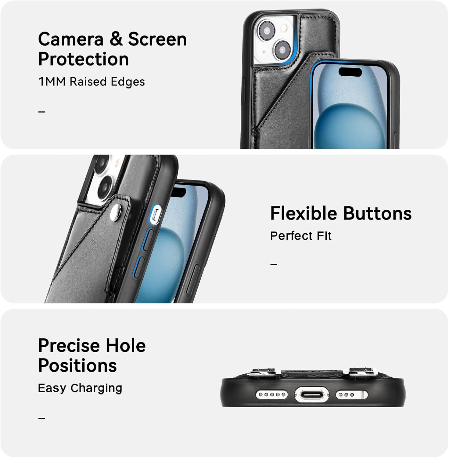 LUCKYCOIN for iPhone 15 Crossbody Wallet Purse Phone Case, Genuine Leather Phone Case for Women,for iPhone Purses with Expandable Card Holder & Adjustable Removable Crossbody Strap - Black - Image 3