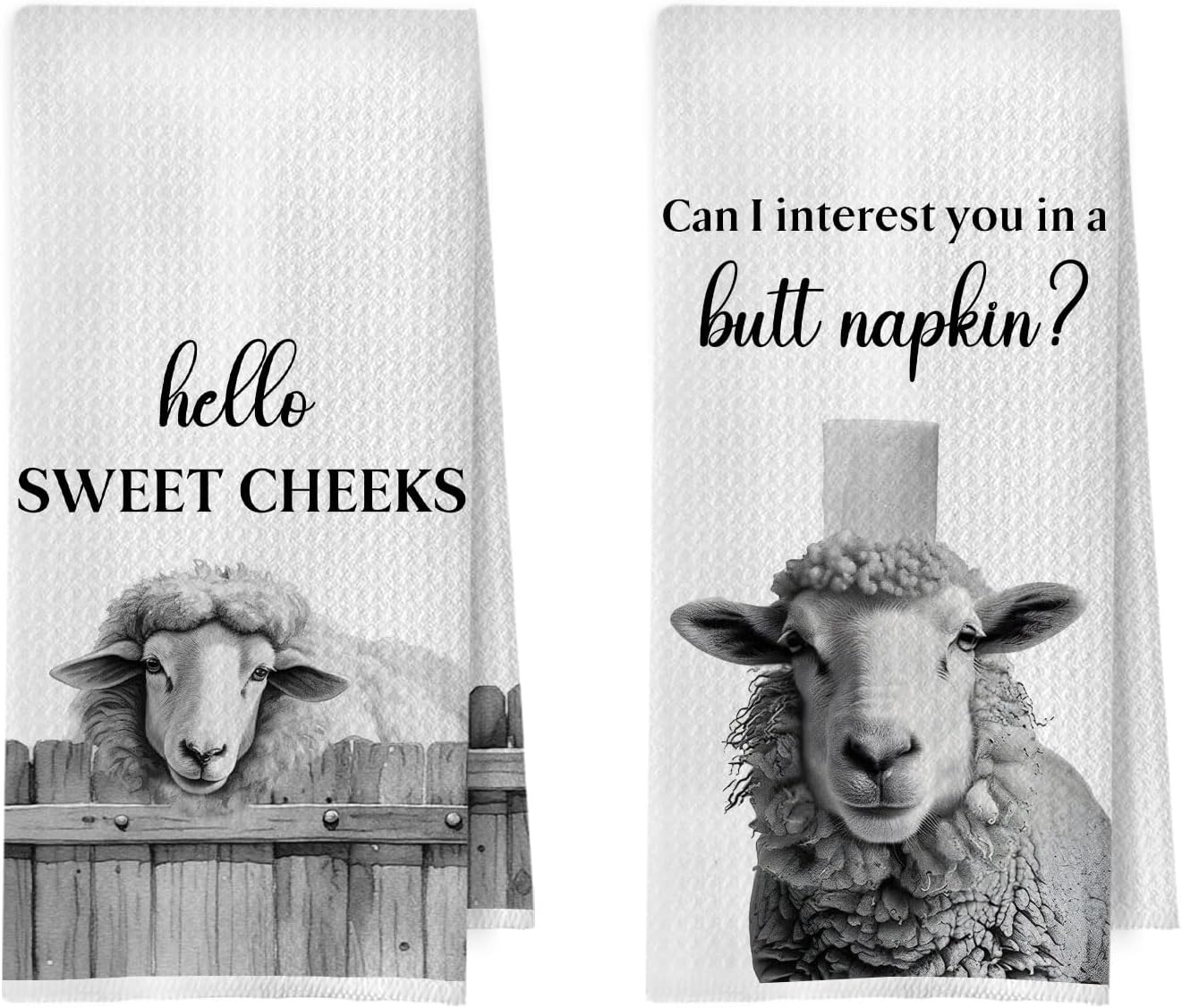 Funny Sheep Hand Towels Set - Hello Sweet Cheeks Bathroom Decor, Sheep Gifts, Funny Farmhouse Animal Waffle Decorative Hand Towels, 16x24 Inches Set of 2
