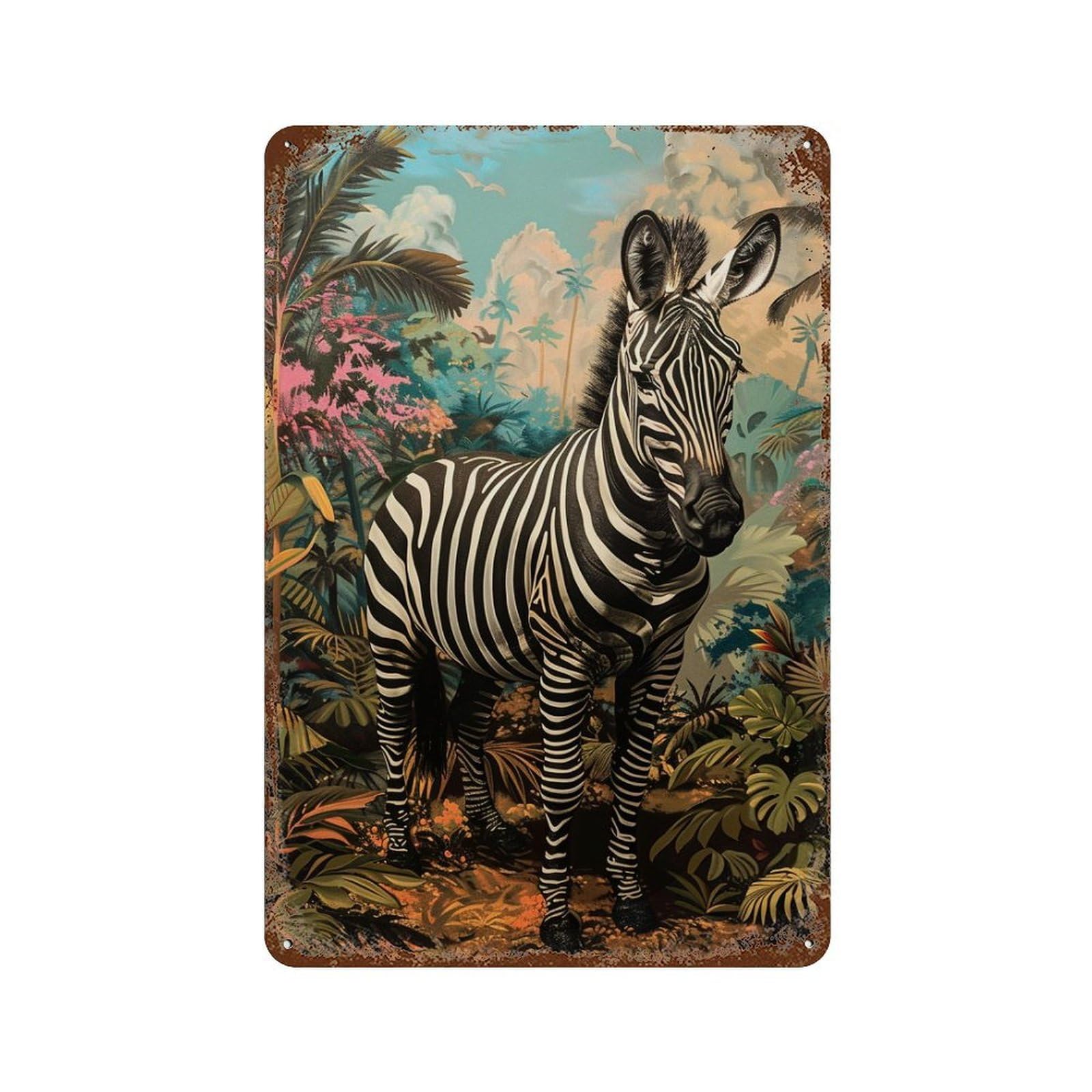 Tropical Zebra Jungle Scene Rusty Metal Tin Sign 11.8"x7.9", for Pub, Kitchen And Man Cave Decor, Novelty Wall Decor