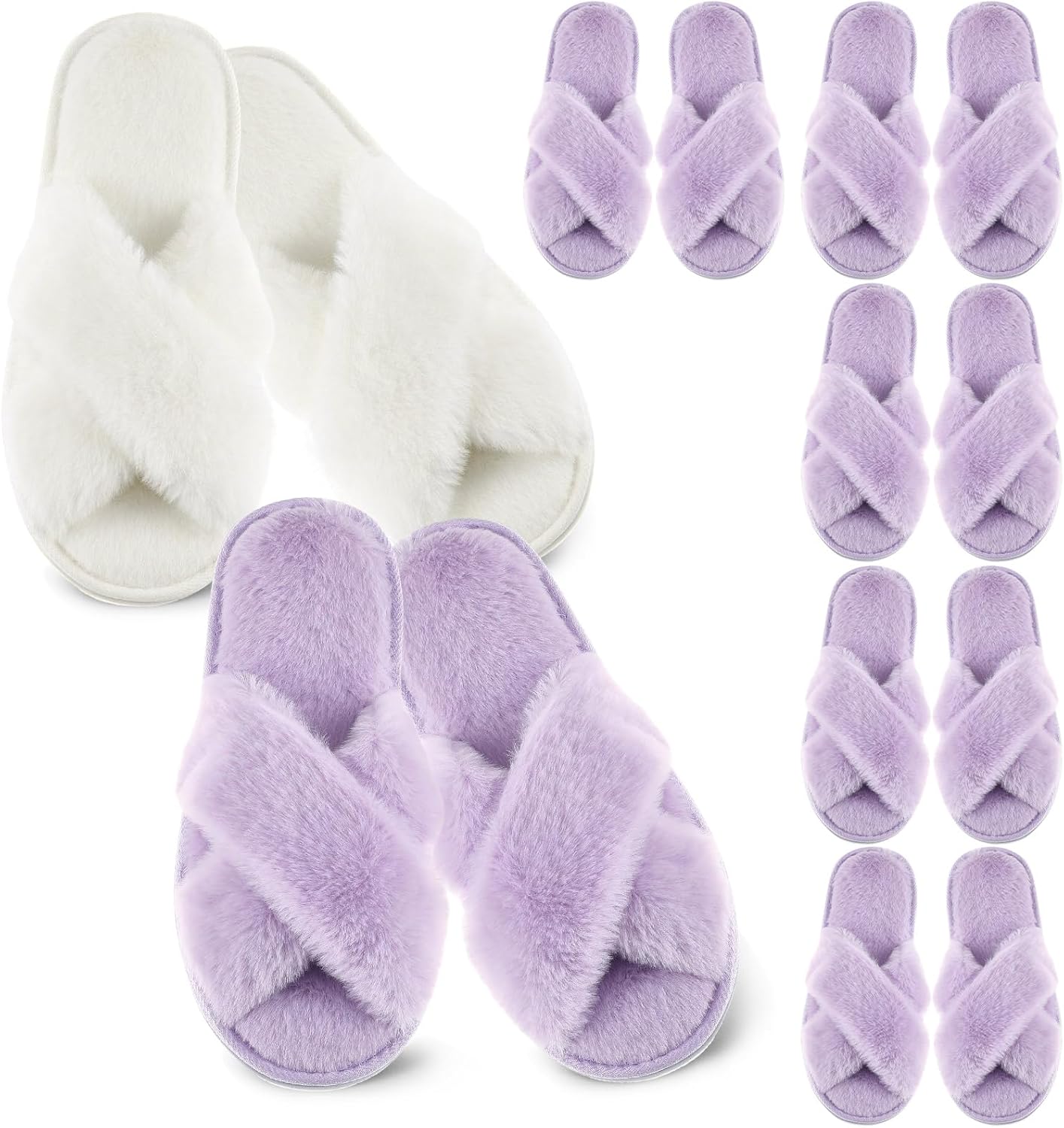 Cutecrop 7 Pairs Sage Green Blue Purple Bridesmaid Slippers Women's Cross Band Fuzzy Bridal Party Slippers Bachelorette Gifts for Wedding Bridal Shower Party