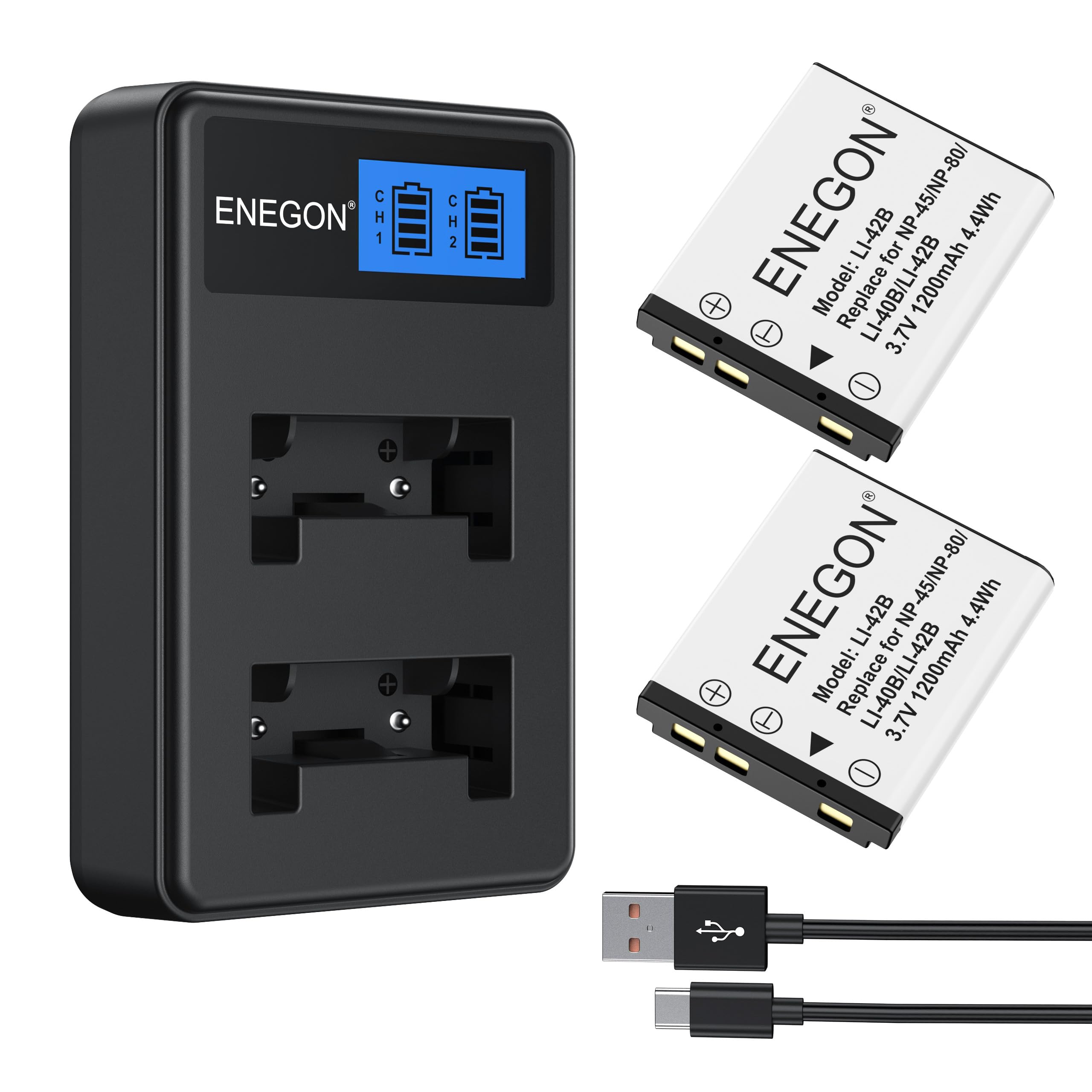 ENEGON NP-45S NP-45 EN-EL10 Li-40B Battery and LCD Charger Kit for Olympus Li-42B Fujifilm INSTAX Mini 90 Nikon EN-EL10 and FinePix XP50/60/70/80/90/120/130/140, T350/360/400/500/510/550 JX500 JX520
