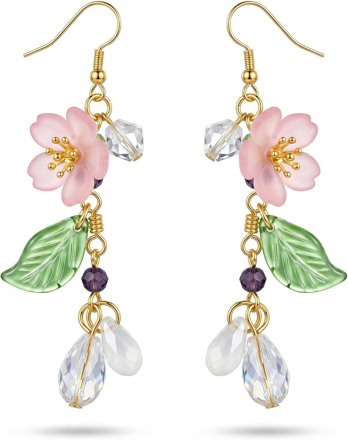 Kruckel Cherry Blossom Dangle Earrings for Women, Pink Sakura Flower Earrings with Green Leaf and Crystal Drop, Cute Elegant Spring Floral Jewelry Gift for Women