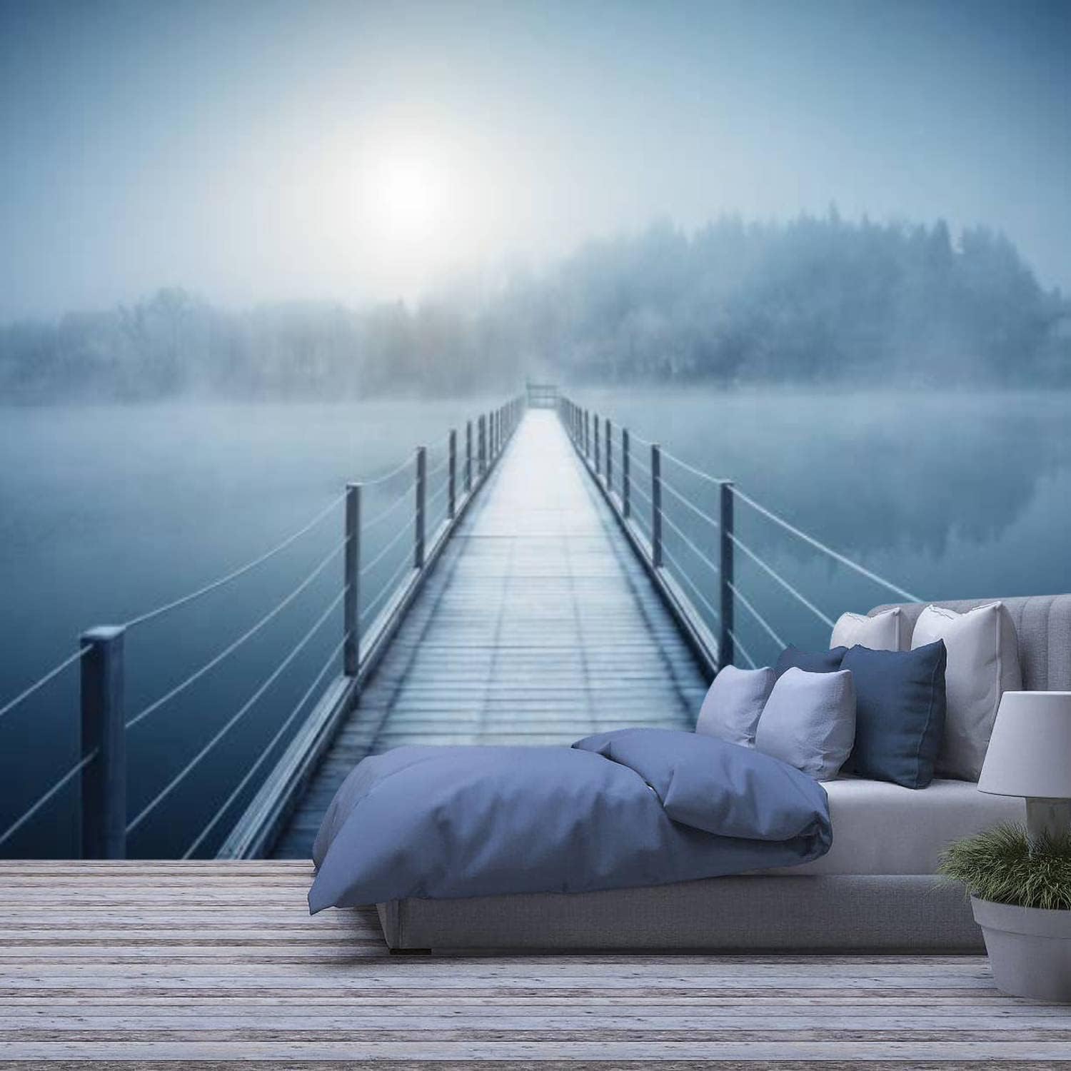 Papier peint mural photo 3D paysage pont bois pour deco salon
