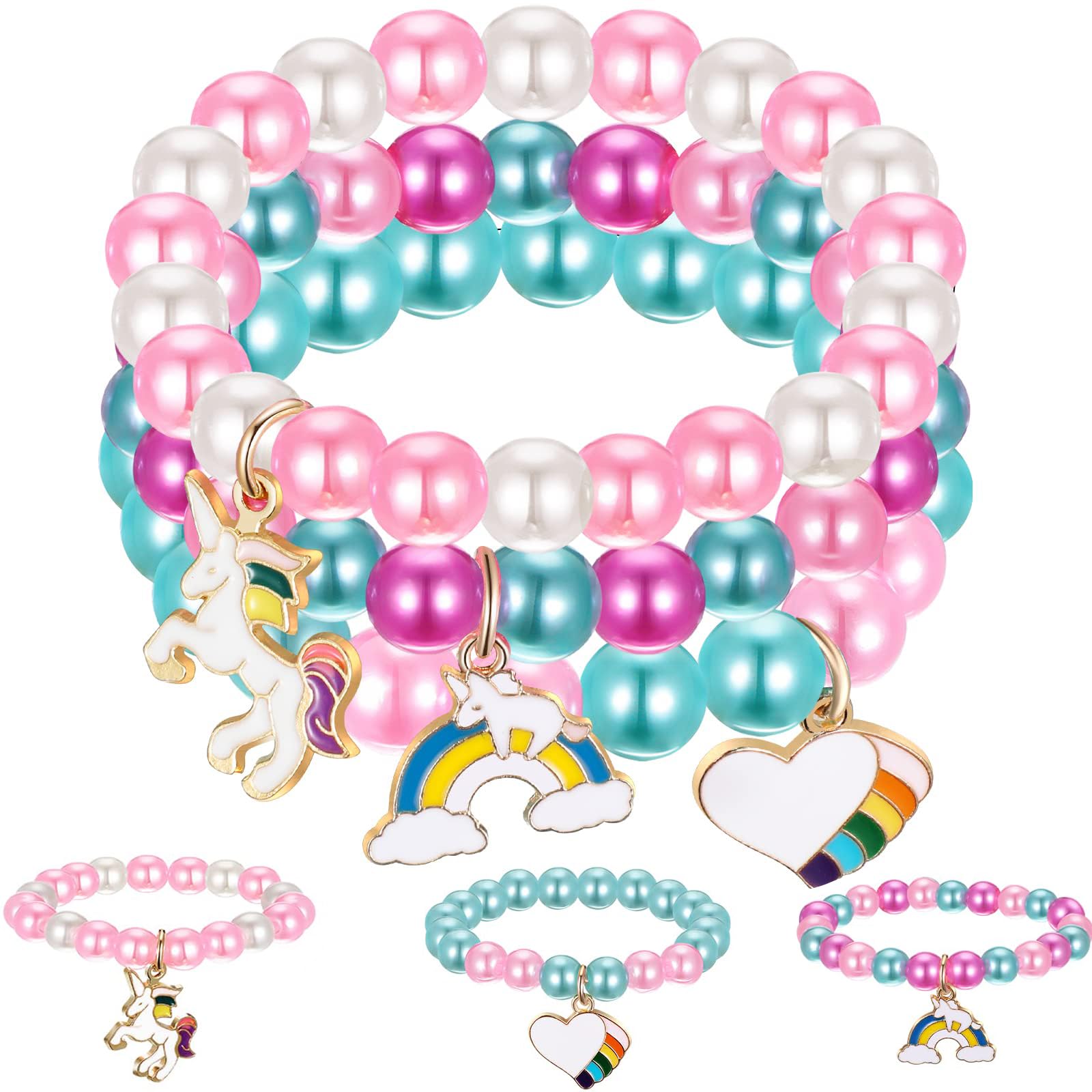 TERRIFITERRIFI Beaded Stretch Bracelets, 3 Pcs with Unicorn Rainbow Pendant Elegant Girls Colourful Bracelets Beaded Friendship Bracelet Sweet Gifts for Girls Toddler