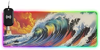 AIXIWAWA Big Wave Desk Pad Wireless Charging 15 W RGB Glowing Fabric Gaming Keyboard Mouse Mat Medium
