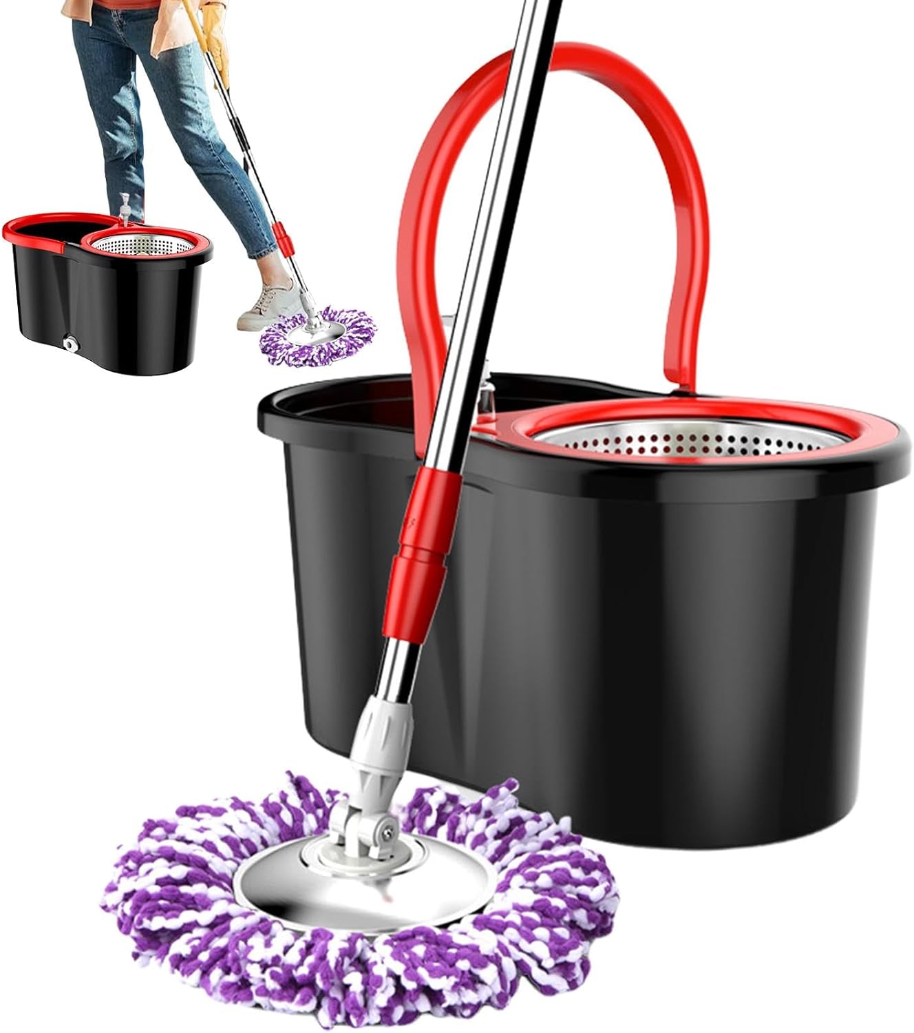 スピナー付きバケツ付きモップ、バケツ付きモップ - 絞り器付きモップバケツ調整可能なマイクロファイバーモップ 床掃除用モップシステム