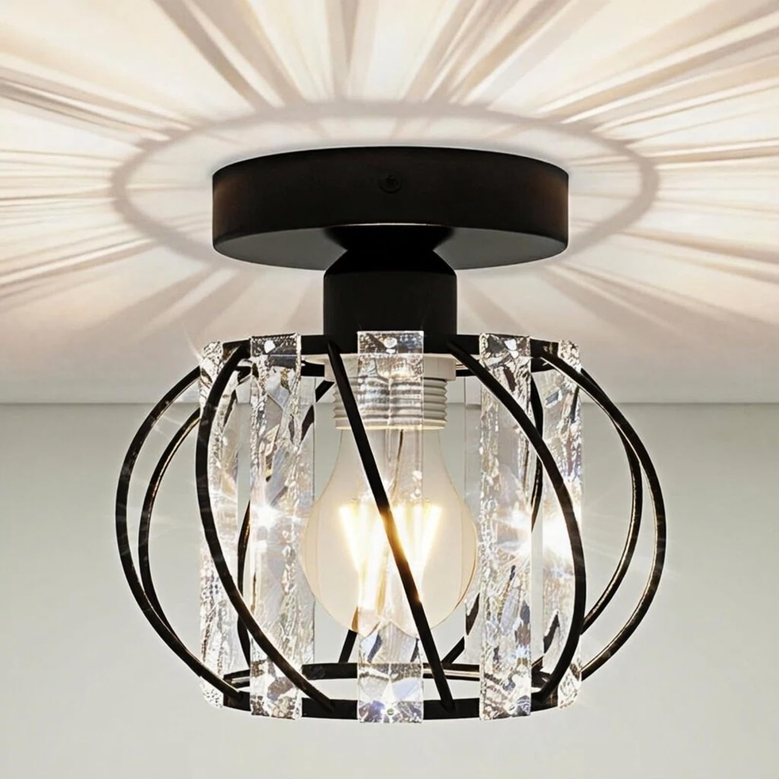 Emitto L1-Black Crystal Ceiling Light, Chandeliers Ceiling Light, Flush Ceiling Light, Modern K9 Glass E27 Ceiling Light For Hallway Kitchen Dining Rooms Living Rooms Bar, Black