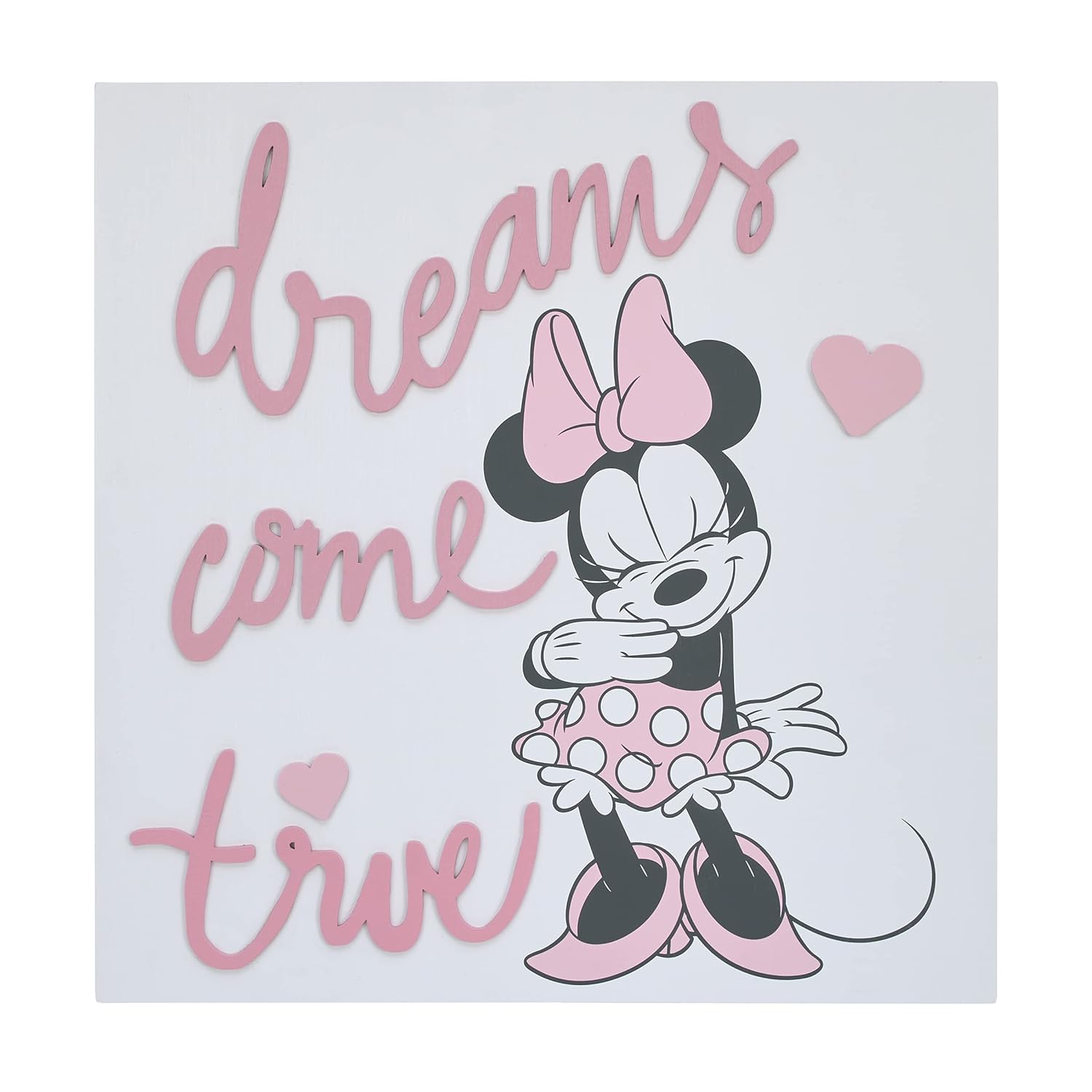 Everything Kids Disney Minnie Mouse Dreams Come True Pink and White Hearts Wood Wall Décor