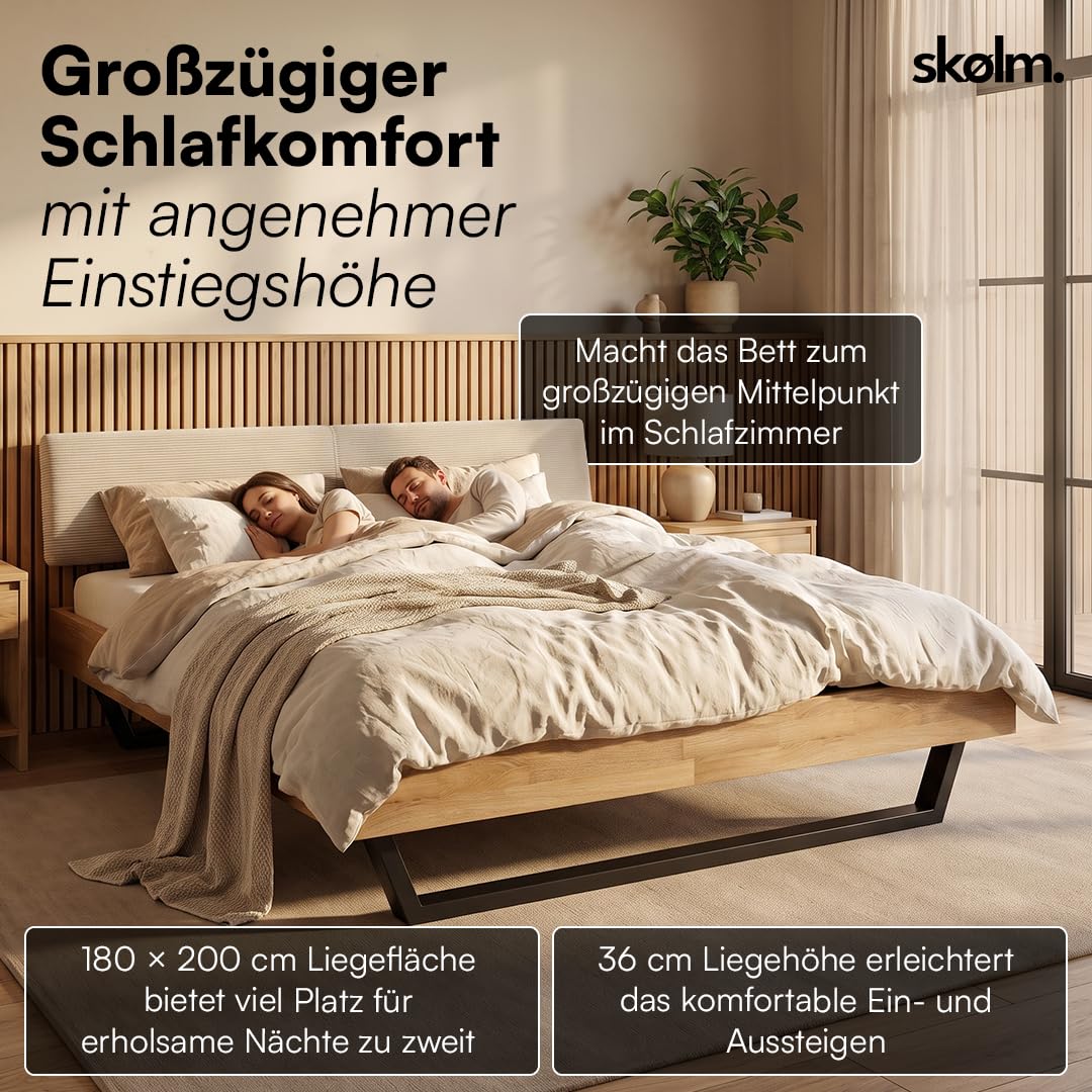 skølm Alver Massivholzbett Eiche 180x200cm, Bettkopf Cord Beige, in Natur