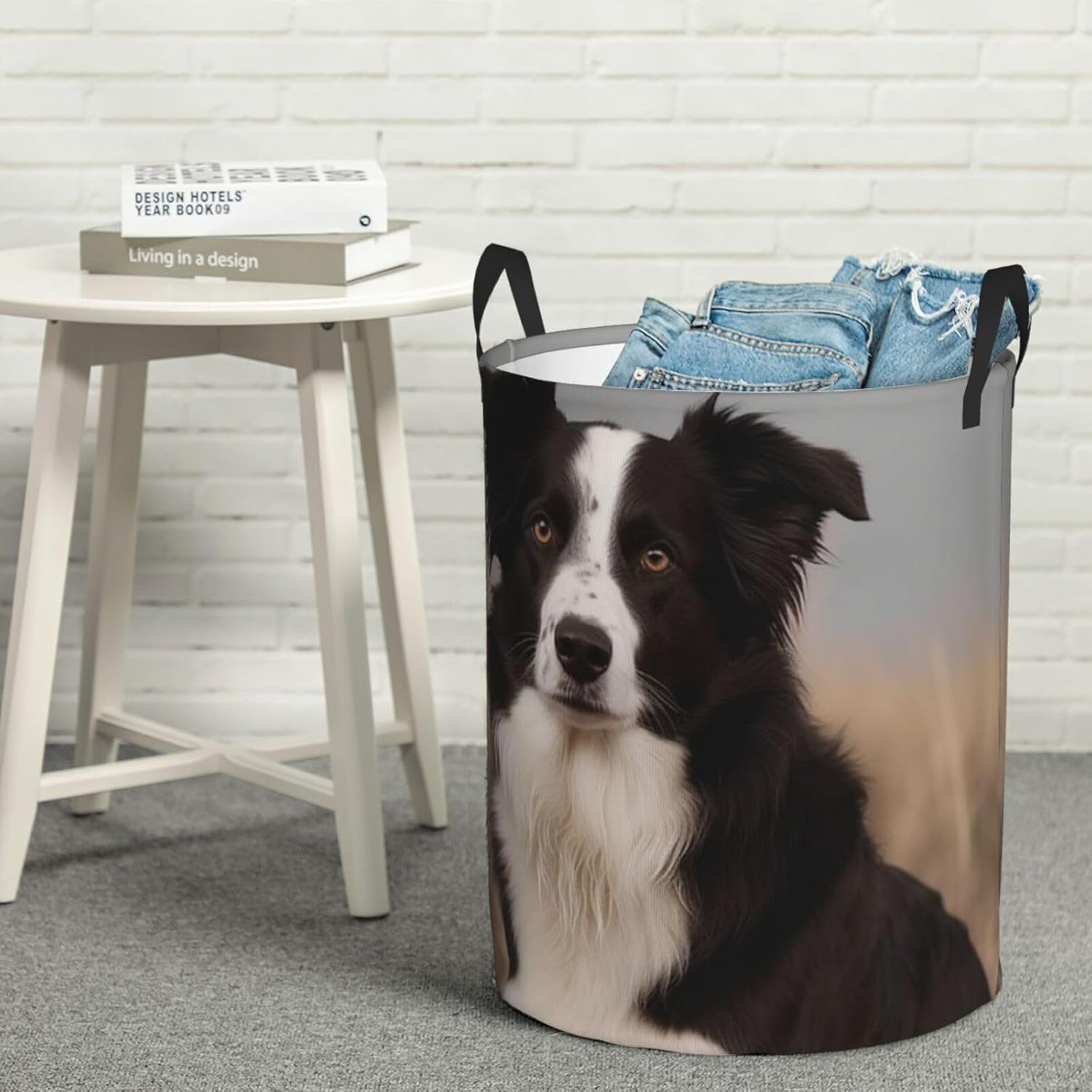 Border Collie Laundry Basket With Handles, Foldable Laundry Hamper Oxford Cloth Dirty Clothes Basket Waterproof Clothes Toys Storage Bin Organizer for Bedroom Bathroom Dorm