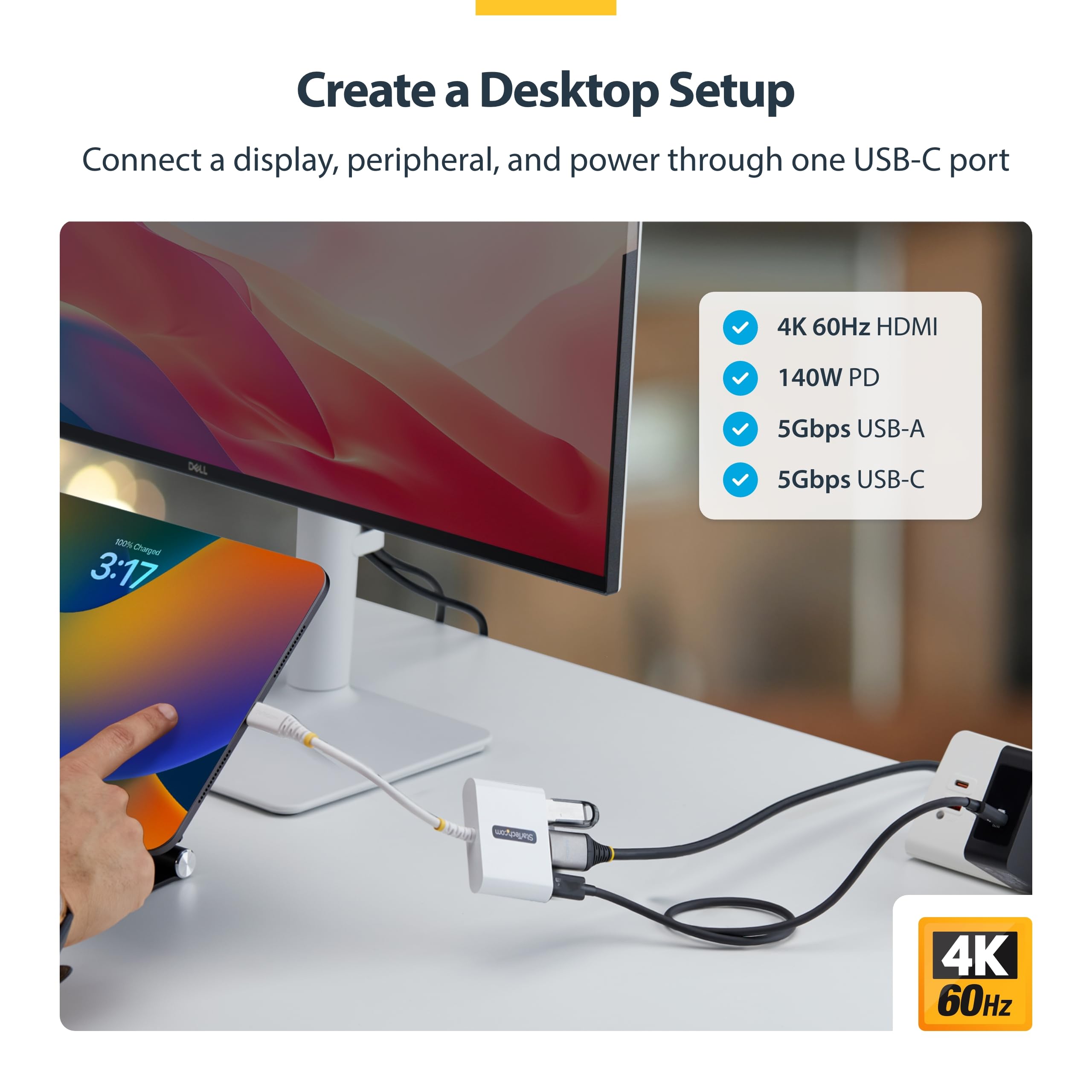 StarTech Wieloportowy adapter USB C na HDMI 3 w 1 z ładowaniem PD 140 W, HDMI 4K 60 Hz, koncentrator USB 5 Gb/s, Power Delivery 3.2, mini stacja dokująca do MacBooka, Della, Thinkpada, HP/iPada