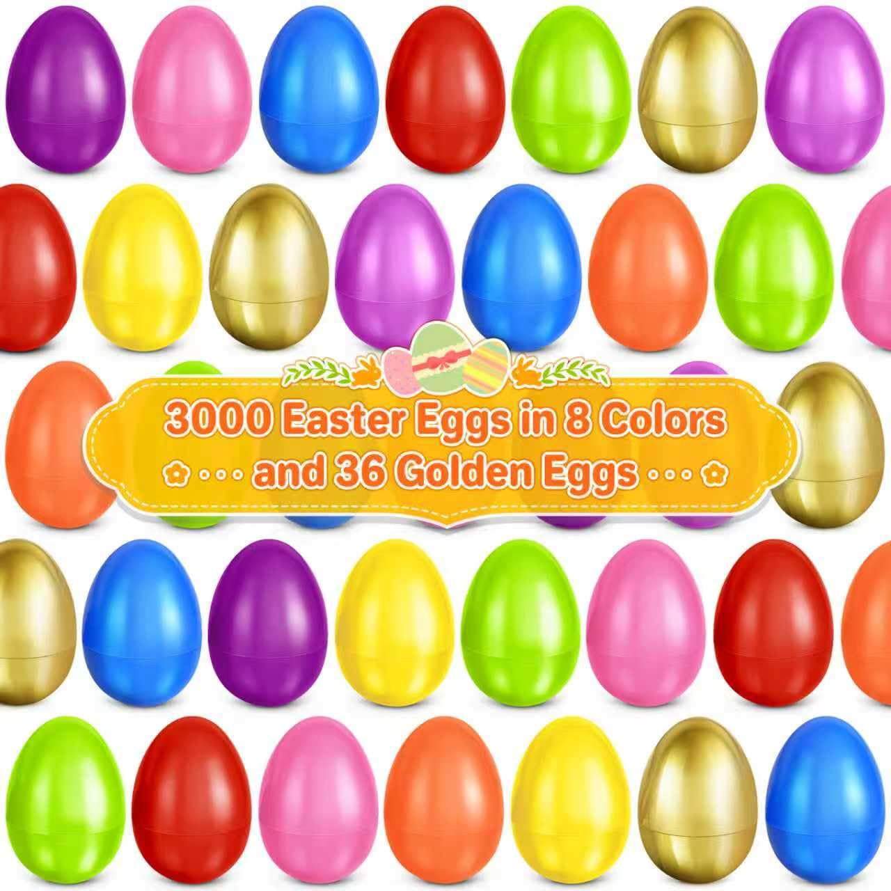 Shemira 3000 huevos de Pascua de plástico de 2.3 pulgadas más 36 huevos de Pascua dorados, huevos de Pascua vacíos rellenables, huevos de plástico a granel para relleno de cesta de Pascua, recuerdo de