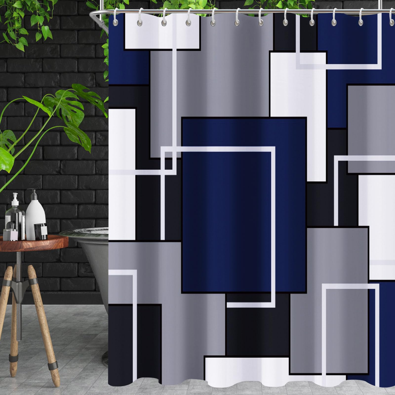 NECSOLE Navy Blue Shower Curtains Modern Geometric Abstract Blue White Checkered Shower Curtain Sets Waterproof Shower Curtain Fabric Bathroom Decor