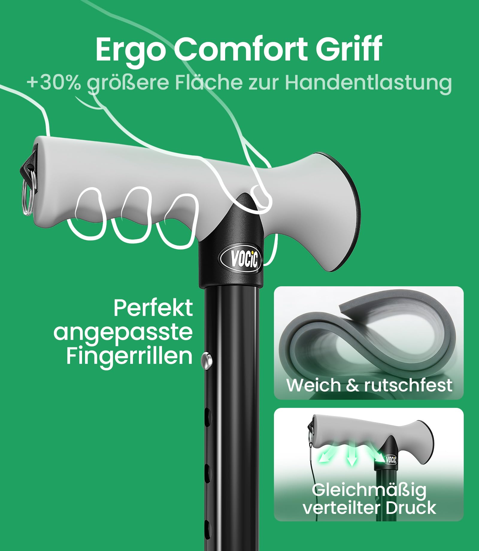 VOCIC G01 Gehstock für Herren und Damen,10-Fach verstellbar,158kg Tragkraft | Spazierstock klappbar mit stoßdämpfender Spitze & praktischer Reisetasche,Gehhilfe für Senioren & Erwachsene, Tiefschwarz