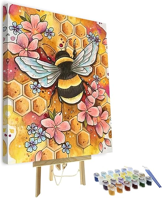 Paint by Numbers Bee Flower Acrylic Pigment Drawing Paintwork DIY Canvas Oil Painting Paint by Number Bees for Adults Kids Beginners Enthusiasts with Frame 16x20inch