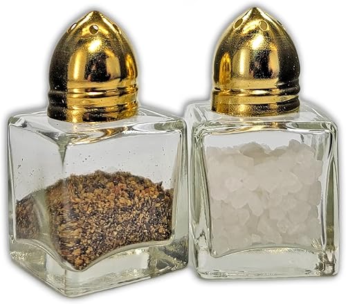 Miniatura 6 de Paquete de 2 mini saleros y pimenteros de cristal transparente con tapas doradas y embudo de fácil llenado NetSellsIt