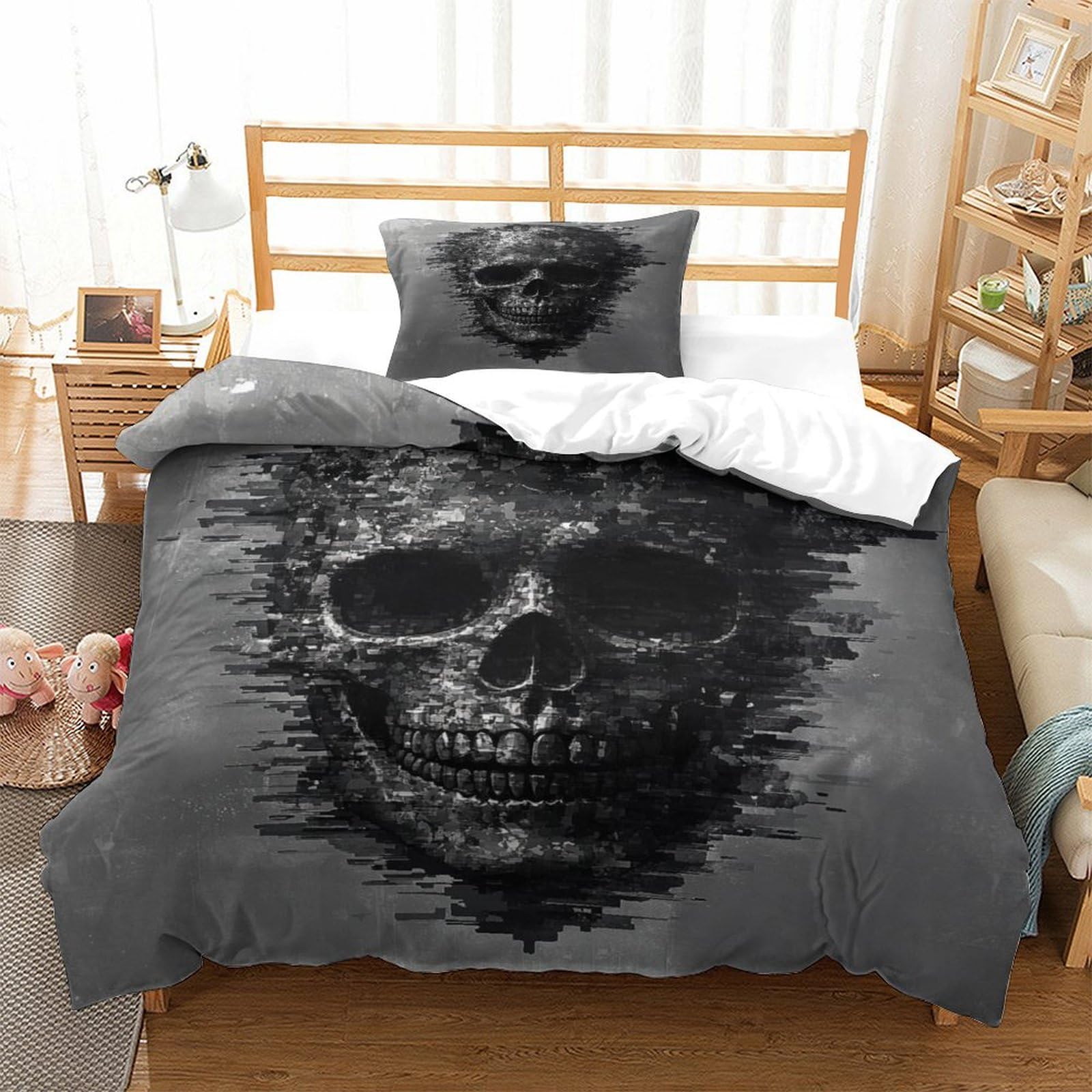 P1s9u7w5y Skull-8 Gothic 3D Printed Skull Duvet Cover Set 3Pcs Soft Microfiber Black Skull Bedding Set Single（135X200cm）
