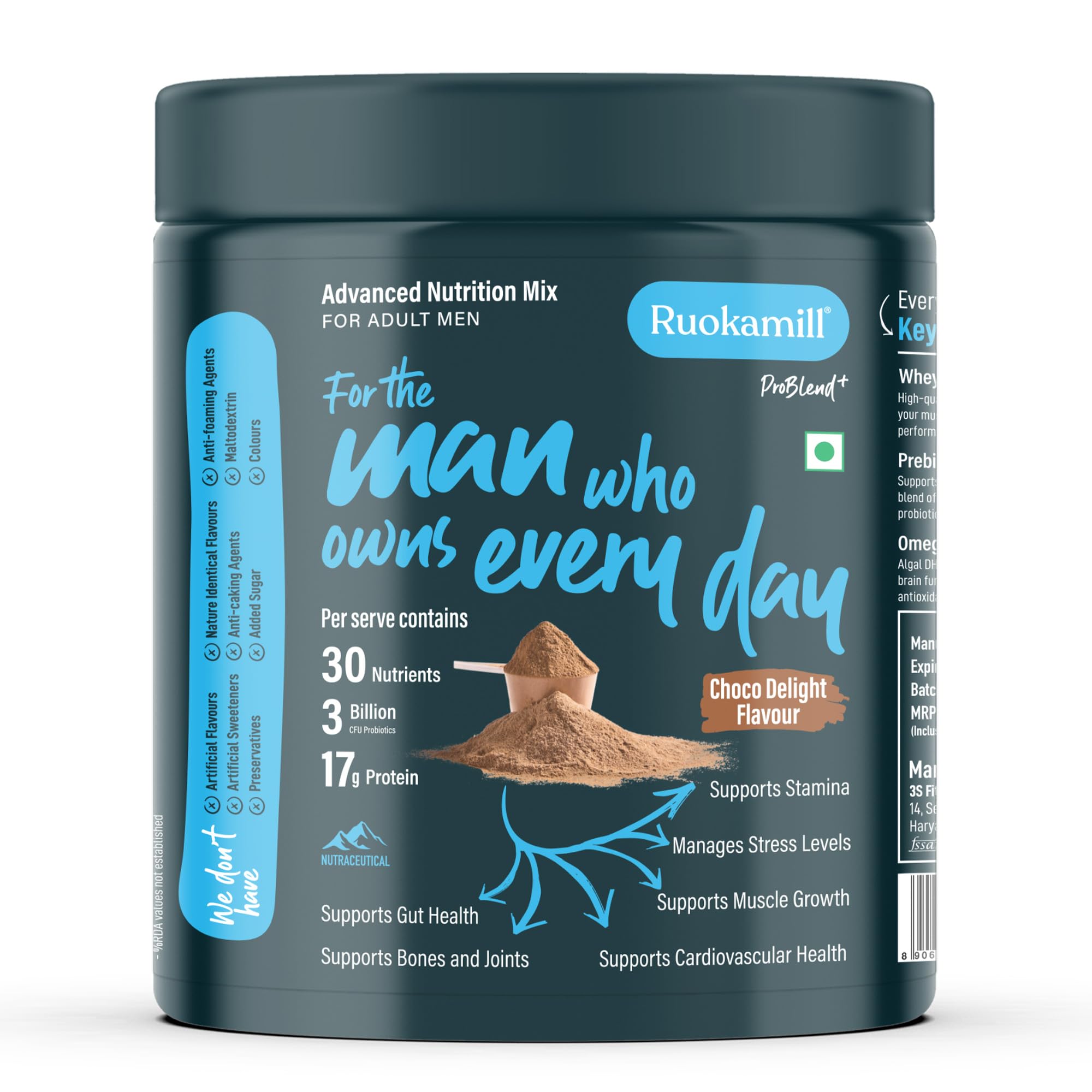Ruokamill Men High Protein Nutrition Mix | Supports Performance, Stress Reduction & Muscle Recovery | 30 Nutrients, 17g Protein, BCAA, Ashwagandha | Zero Added Sugar | (400g, Chocolate)