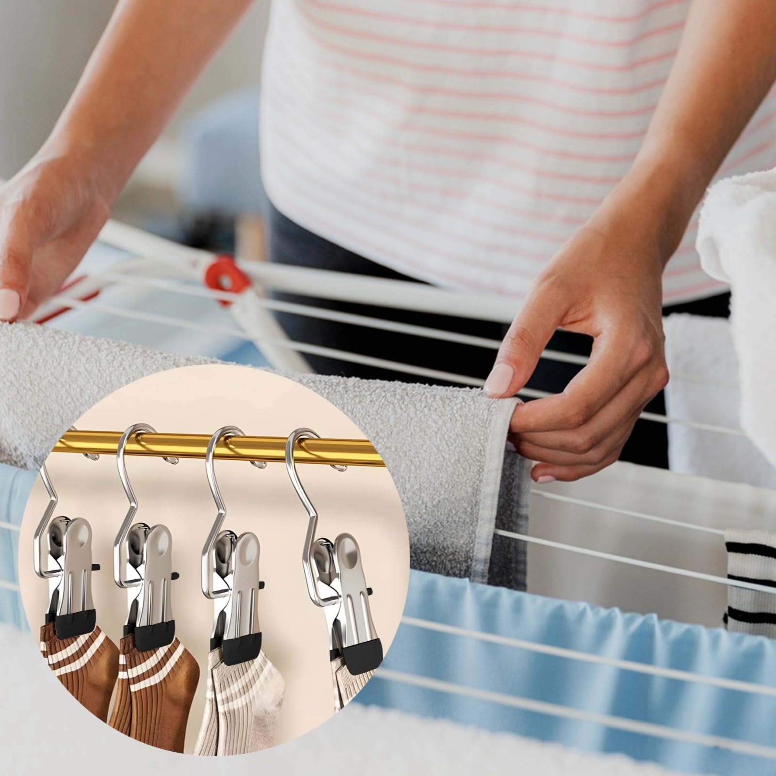 50 STK. Edelstahl-Wäscheklammern mit DREI Clips, Schwarze Kleiderklammern mit drehbarem Haken und rutschfesten Gummispitzen, für nasse Wäsche, Hosen, Handtücher, Zuhause und unterwegs