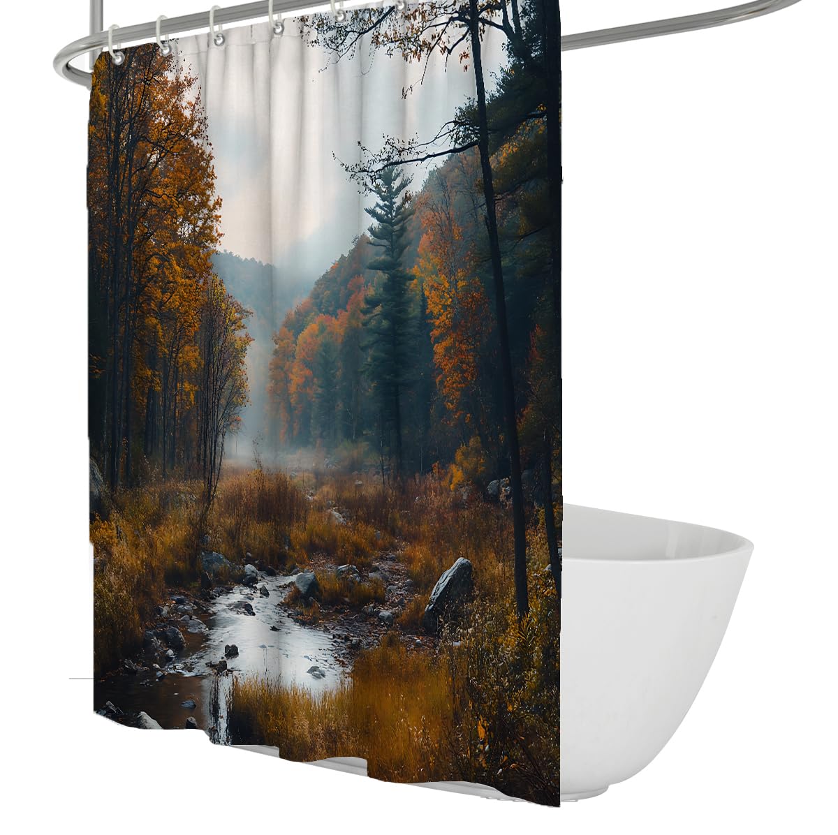 UERWOWELL Nature Photography Aesthetics Shower Curtain Misty Autumn Mountain Stream Wilderness Scene Shower Curtain Rustic Bathroom Decor with Hooks W180xL180 cm