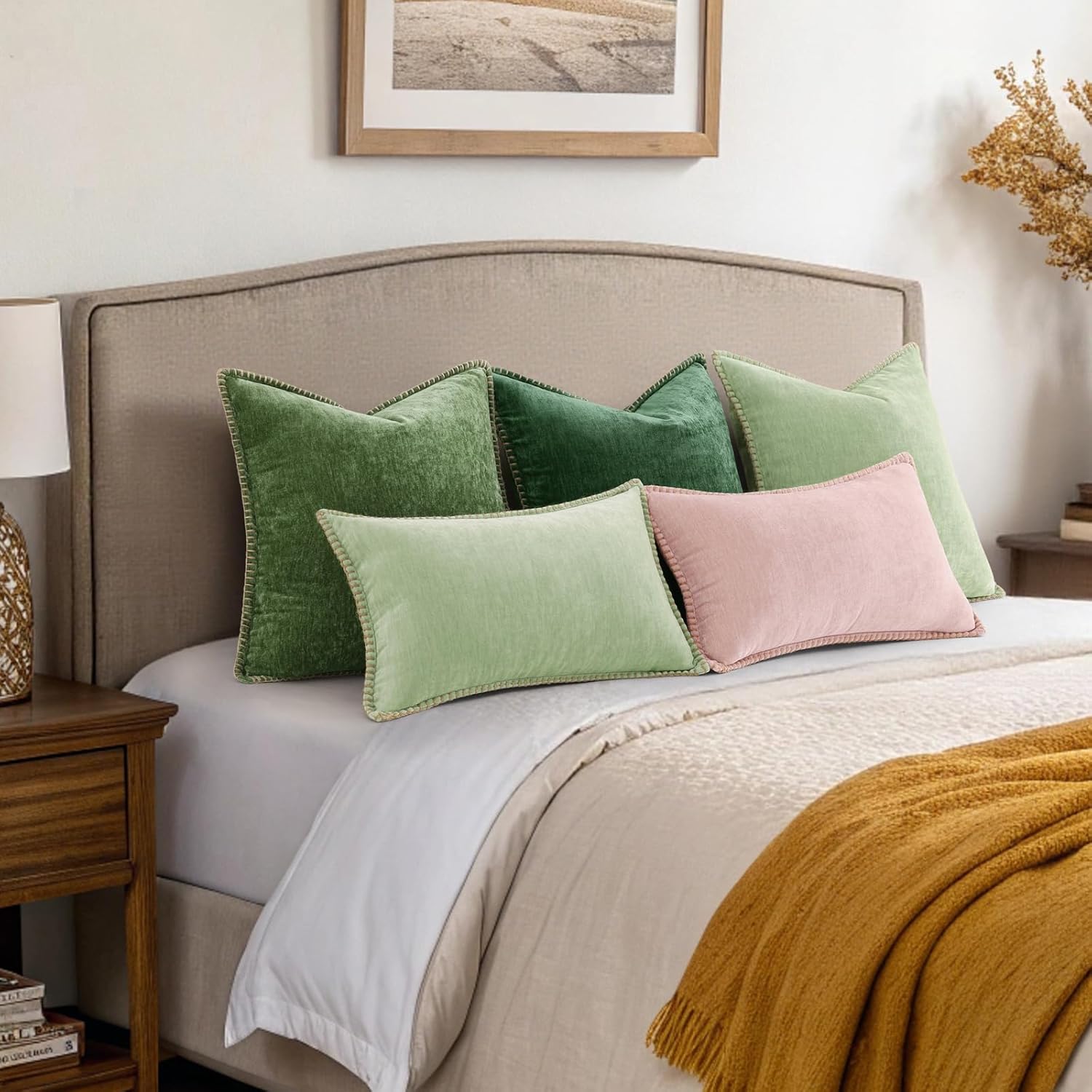 decorUhome Spring Chenille Soft Cozy Throw Pillow Covers 18x18 Set of 2, Modern Farmhouse Boho Velvet Decorative Pillow Cases with Stitched Edge for Couch Sofa Bed Home Decor, Forest Green - Image 6