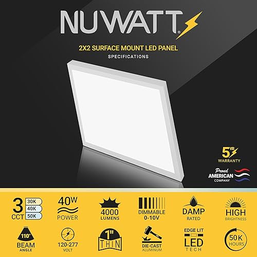 Miniatura 2 de NUWATT Luz LED de panel plano de montaje en superficie cuadrada de 2 x 2 pies, 120-277 V, 3CCT 3000 K/4000 K/5000 K seleccionable, 4000 lm, 40 W,