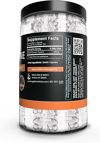 Miniatura 3 de PURE ORIGINAL INGREDIENTS L-tirosina (730 cápsulas) sin magnesio o rellenos de arroz, siempre puro, verificado por laboratorio