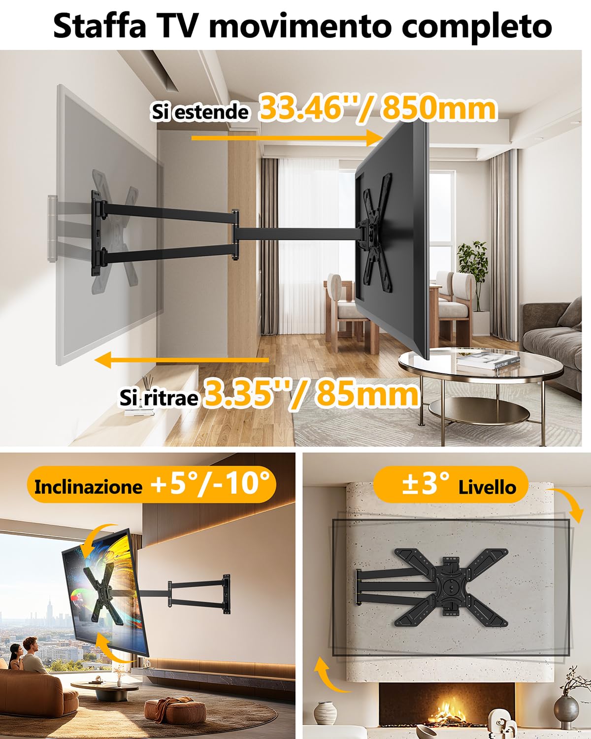 Supporto TV Parete Braccio Extra Lungo 850mm WHYFONE 180° Rotazione Supporto TV Monitor per LCD/LED da 32 a 75 Pollici, Braccio TVs Girevole Inclinazione Estensibile Fino a 50kg Max. VESA 600x400mm