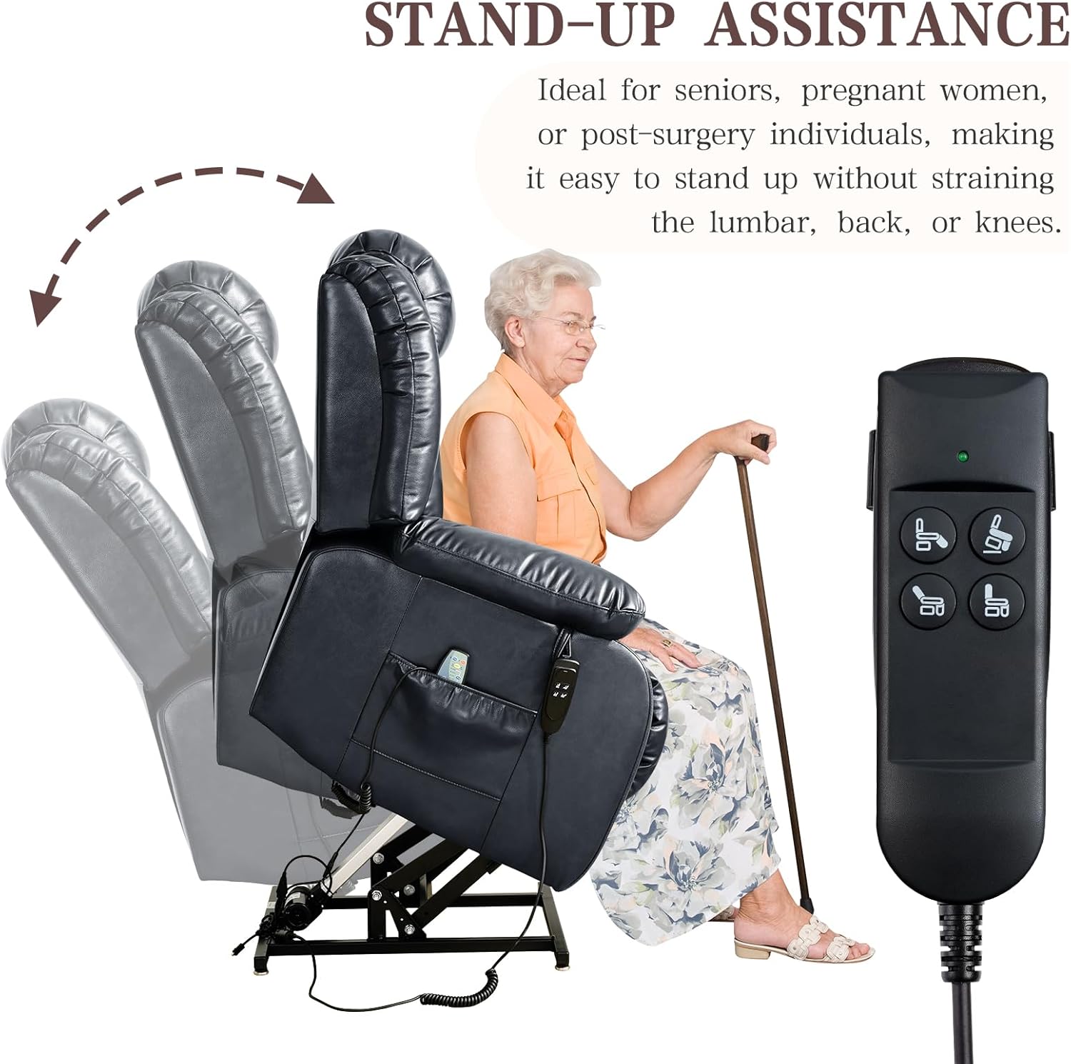 Infinite Position Lay Flat Lift Recliner Chair for Adults, Dual Motor Power Lift Chair for Elderly with Massage & Heating, USB Ports, Remote Control & Lumbar Pillow, Leather (Dark Blue)