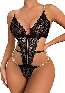 NF22-053 لانجري بودي سوت دانتيل مثير للنساء - قطعة واحدة بتفاصيل سلاسل ذهبية ومتاح بألوان متعددة