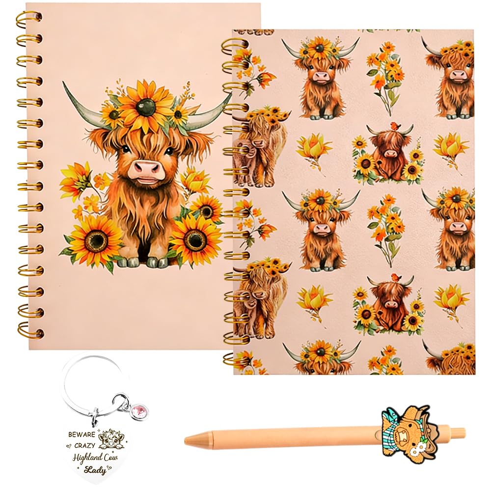 NimblusToy Highland Cow Gifts for Women, 4PCS Stationery Gifts Set with ‘Just a Girl Who Loves Highland Cows’ Keyring Notebook Pen Cow Lover Gifts for Christmas Birthday Graduation