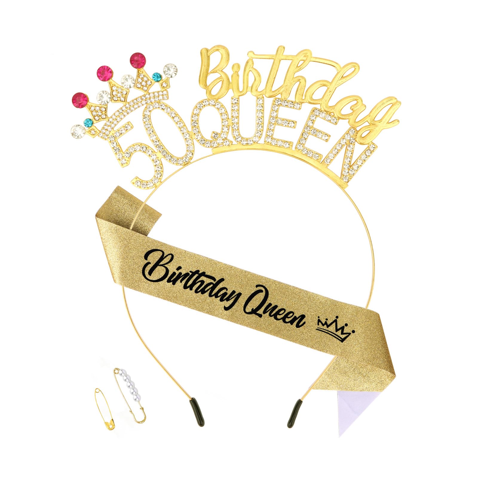Padorul 50th Birthday Crown & Sash Set for Women, Sparkling Crystal Tiara with Gold Glitter Birthday Queen Banner and Pearl Accent Pin for Celebration Party Decor