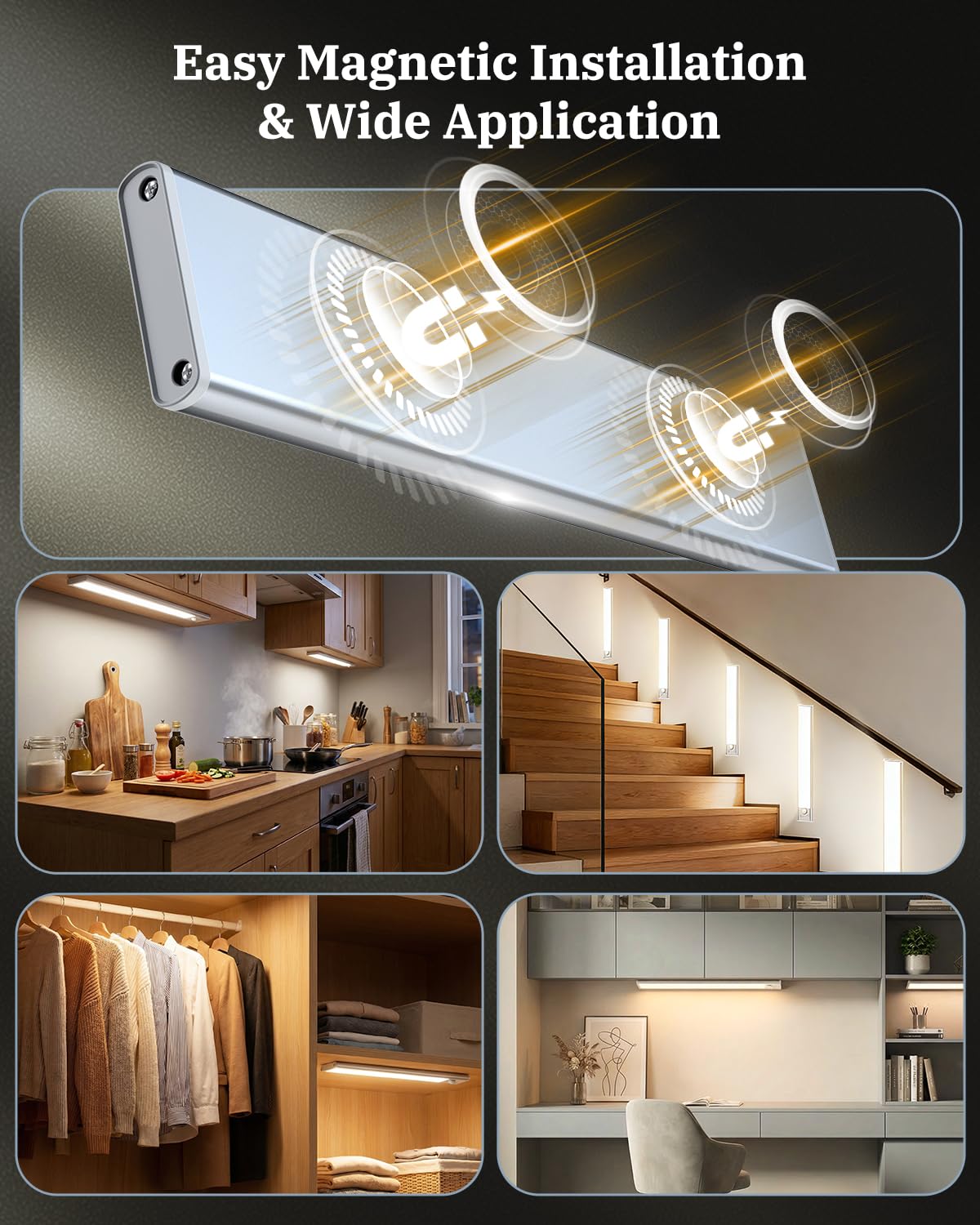 Luces LED de cocina para debajo del gabinete, luces con sensor de movimiento para interiores, luz de armario recargable de 3000 K, 2500 mAh, tira magnética inalámbrica alimentada por USB, luz para