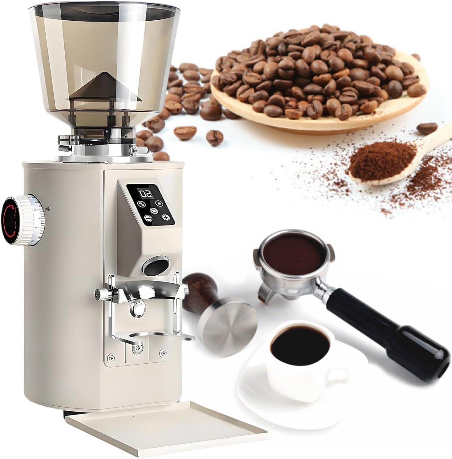 Commercial Coffee Grinder with 64mm Flat Burr | Anti-Flying Grounds Outlet | 1Lb/453g Lotus Hopper | 9 Stepless Settings | Smart Touchscreen, Electric Coffee Grinders Beige