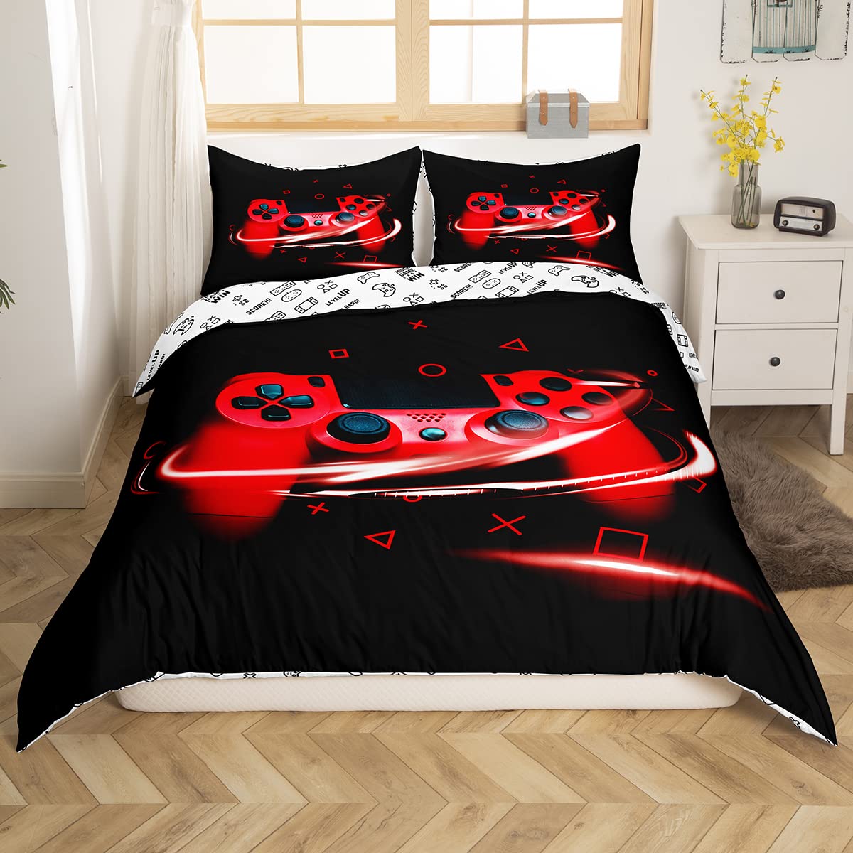 Linge de lit gamer ado comprenant une housse de couette gamepad et couvre-lit géométrique