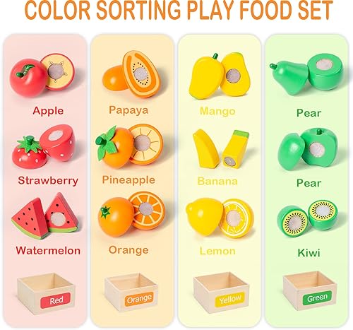 Miniatura 2 de Juegos de comida de madera para niños, accesorios de cocina, juego de corte de frutas y verduras con velcro para niños, comida de juego para niños
